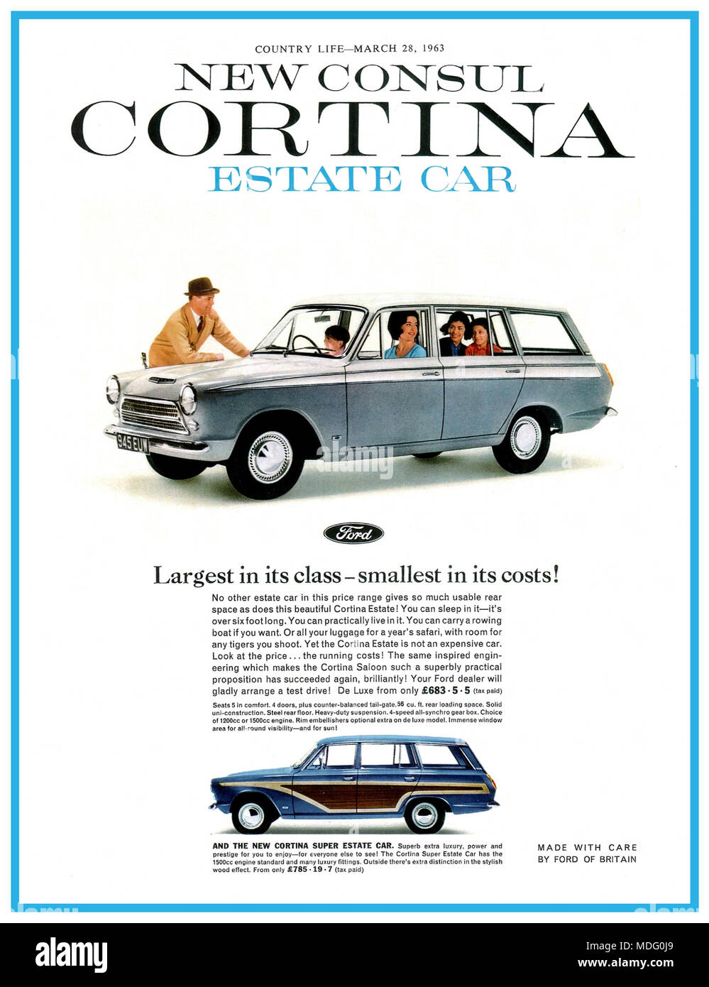1960 Der neue Konsul Ford Cortina Kombi Zeitungsannonce Country Life Magazin 1963 Der Ford Cortina war ein Auto, das von Ford in Großbritannien wurde in verschiedenen Formen von 1962 bis 1982 gebaut, und das Vereinigte Königreich die besten verkaufte Auto der 70er Jahre. Stockfoto