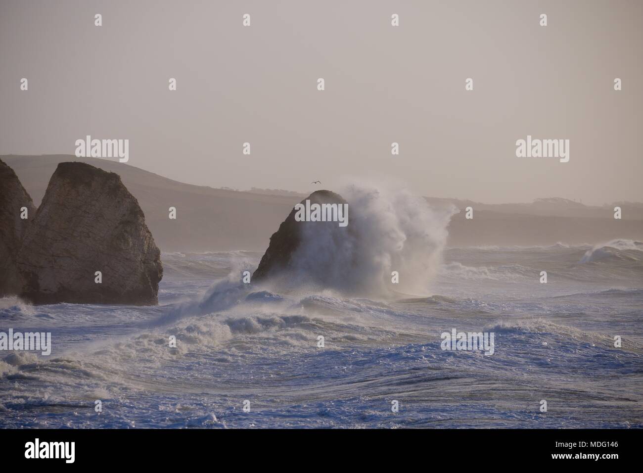 Raue See mit großen Wellen auf die Felsen bei Freshwater Bay, Isle of Wight, Großbritannien Stockfoto