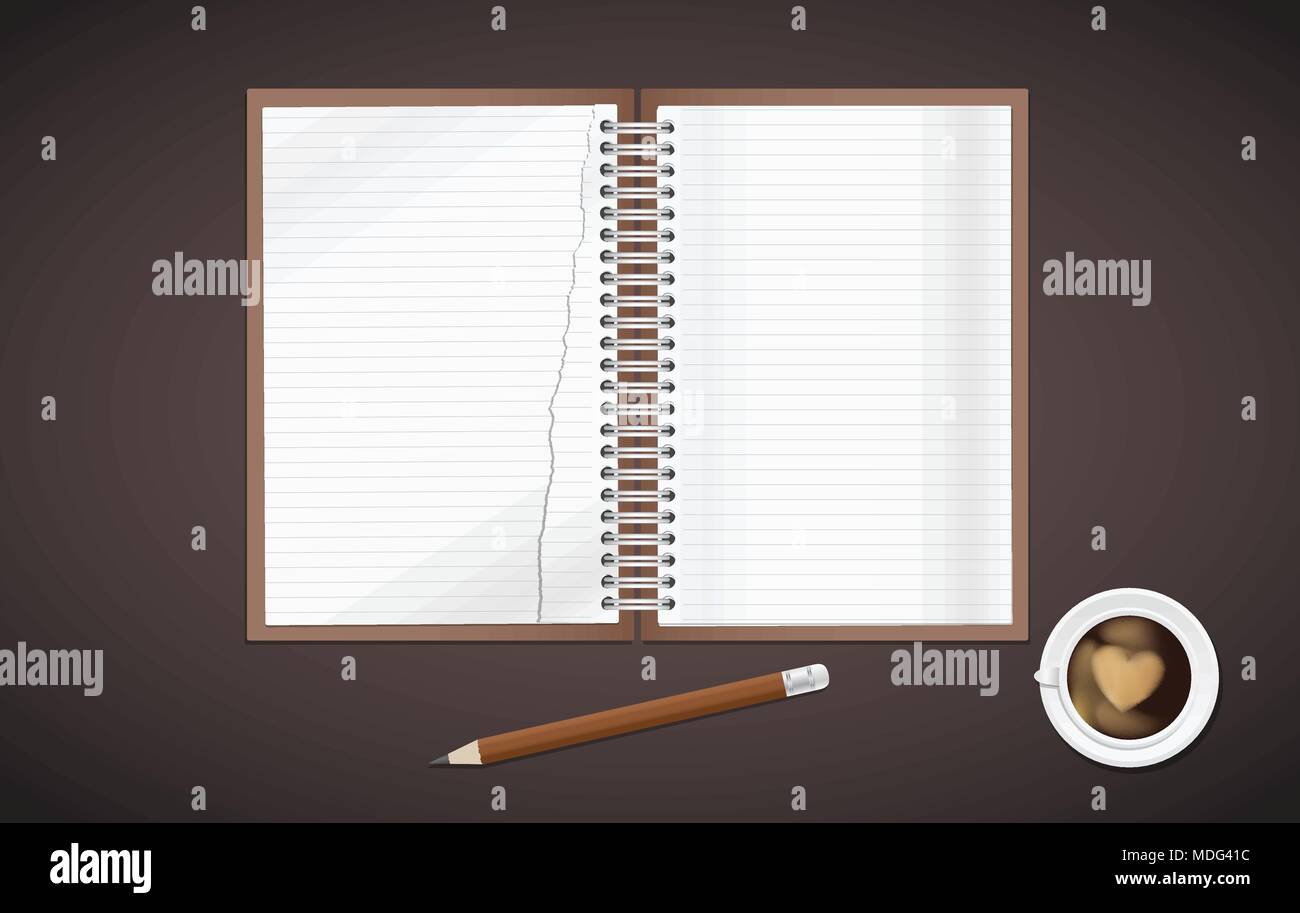 Öffnen gesäumt, zerrissene realistische Notepad Notebook mit Spirale und Bleistift mit Tasse Kaffee ist auf braunem Hintergrund. Stock Vektor