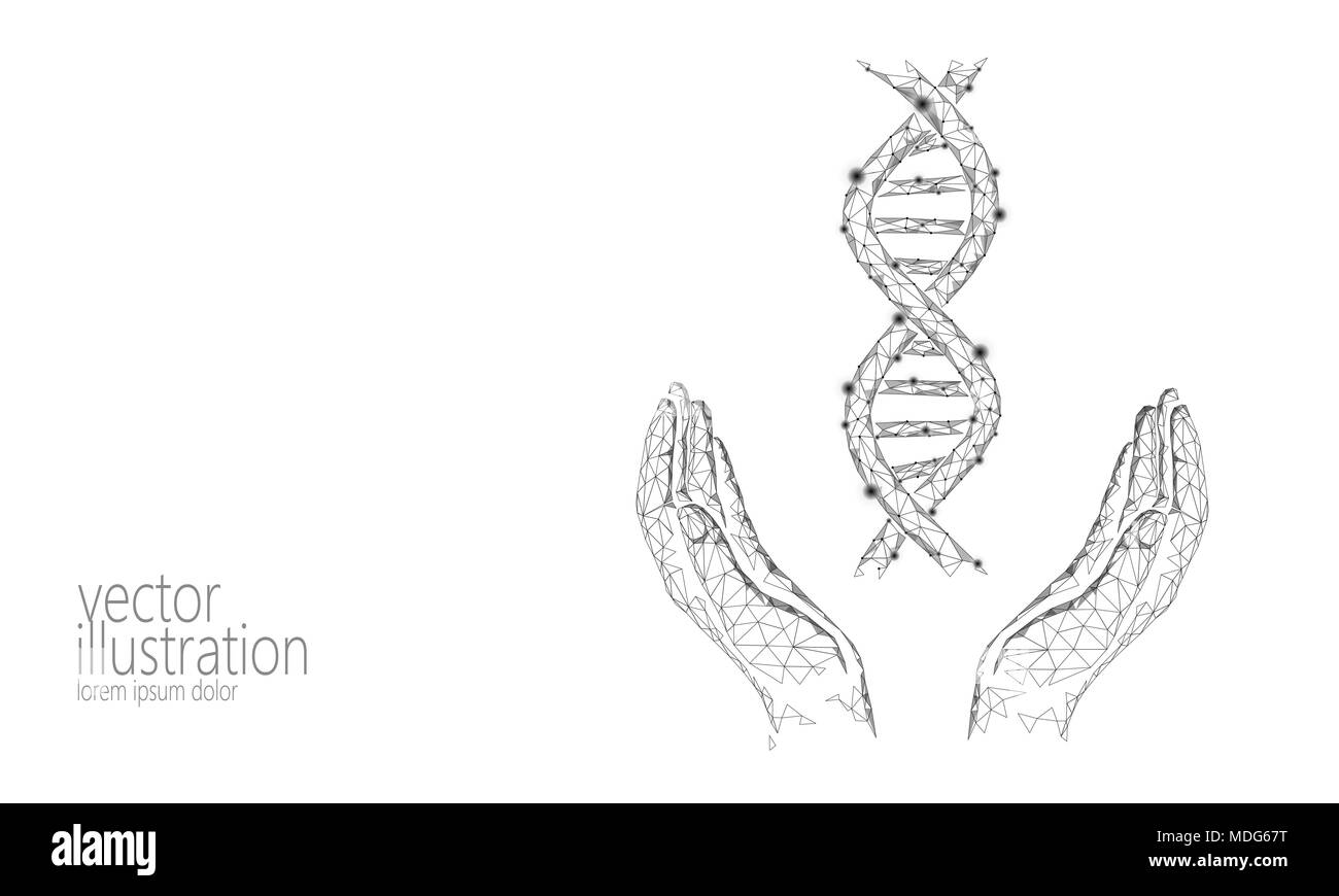 DNA 3D-chemische Molekül Struktur Hände poly niedrig. Polygonale Dreieck Point Line gesunde Zelle teil. Mikroskopische Wissenschaft weiß Medizin Genom engineering Vektor-illustration Future Business Technologie Stock Vektor