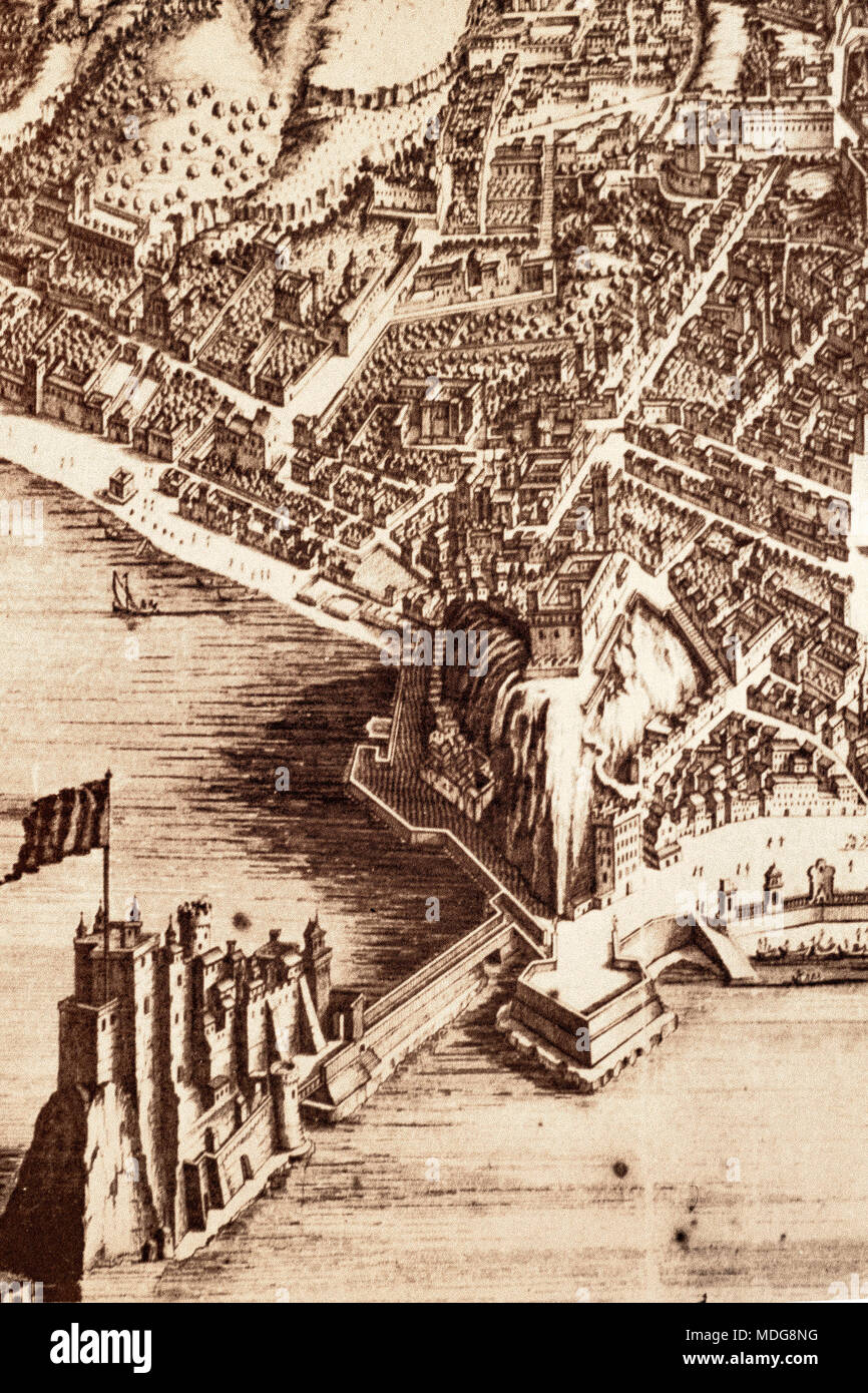 Napoli anzeigen, indem Stopendael 1653 - kupferstich - Vorgebirge der Hügel von Pizzofalcone Stockfoto