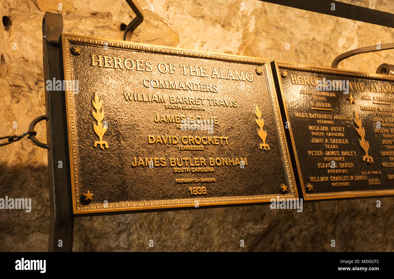 Helden der Alamo Plakette, die Alamo Mission Museum, San Antonio Texas USA Stockfoto