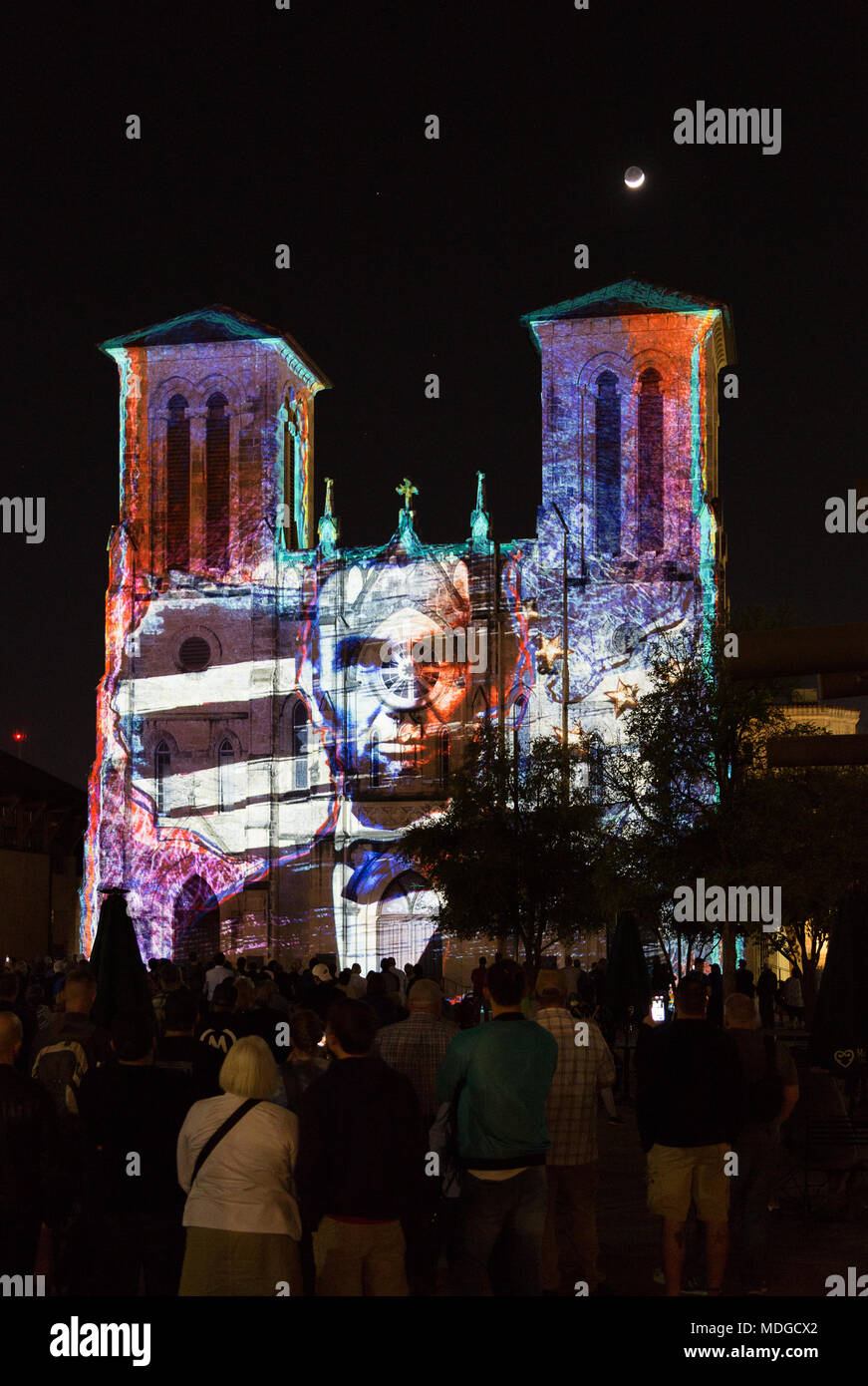Die Saga Licht Kunst Projektion, die Kathedrale von San Fernando, San Antonio, Texas, USA Stockfoto