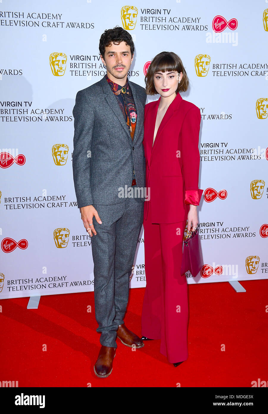 Harry Richardson und Ellise Chappell Besuch der Jungfrau British Academy Fernsehen und Handwerk Nominierungen Party bei Mondrian London auf See Container, London statt. Stockfoto