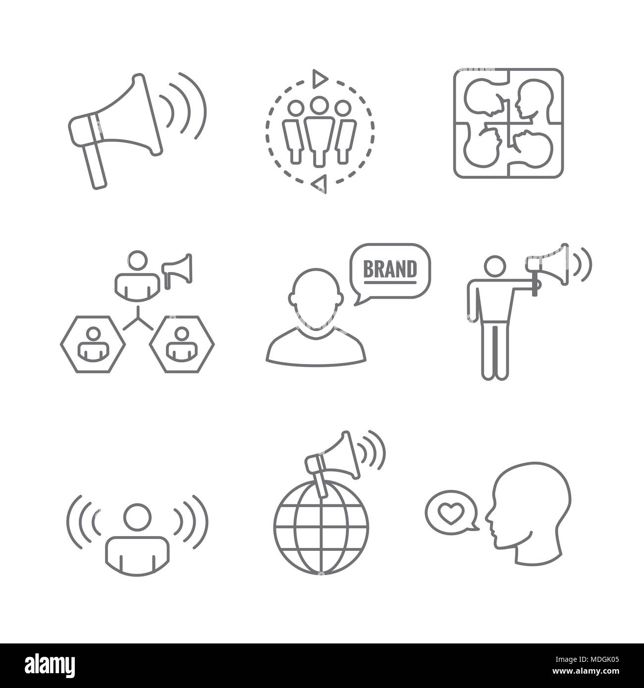 Sprecher Icon Set w Megaphon, Koordination, PR, Public Relations Person einstellen Stock Vektor