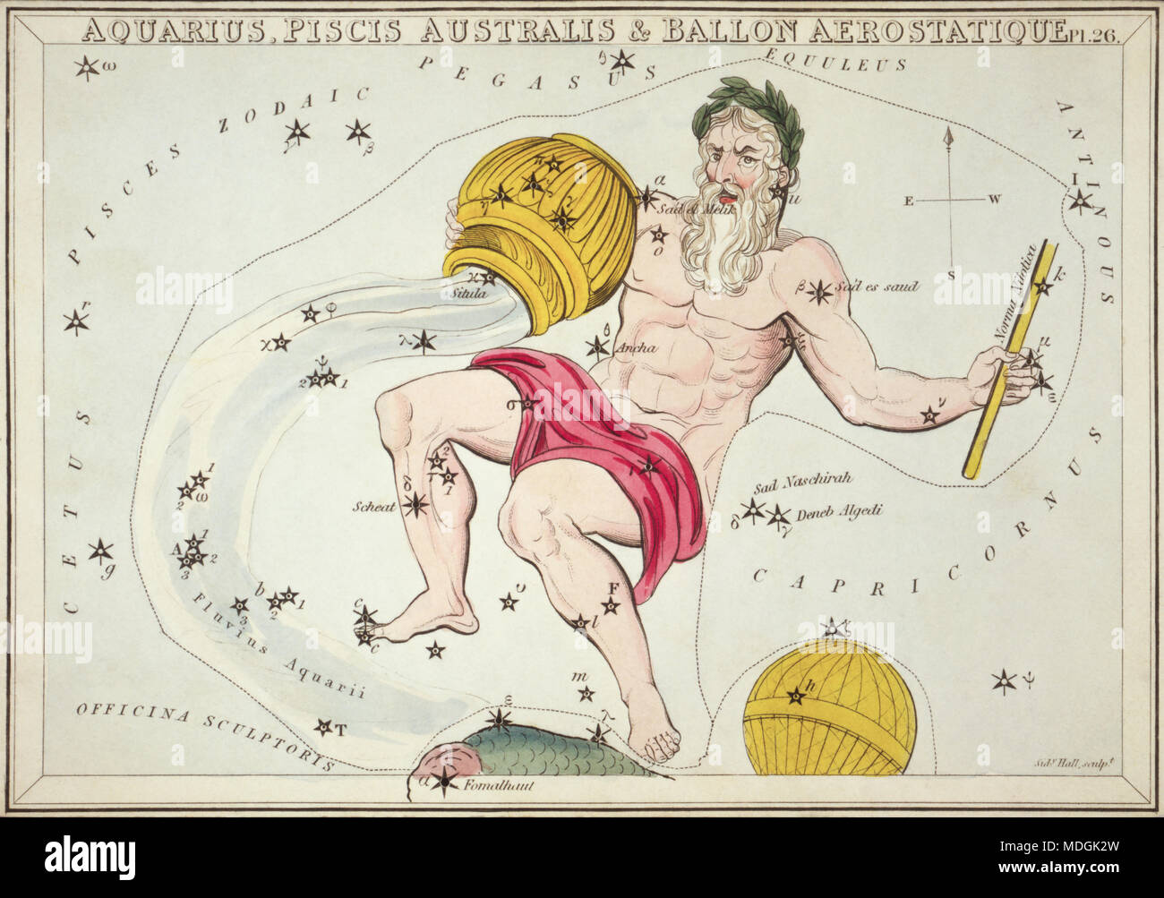 Wassermann, Piscis Australis & Ballon Aerostatique. Karte Nummer 26 von Urania's Mirror, oder einen Blick auf den Himmel, eines der 32 astronomischen Star Chart Karten von Sidney Hall graviert und publshed 1824. Stockfoto
