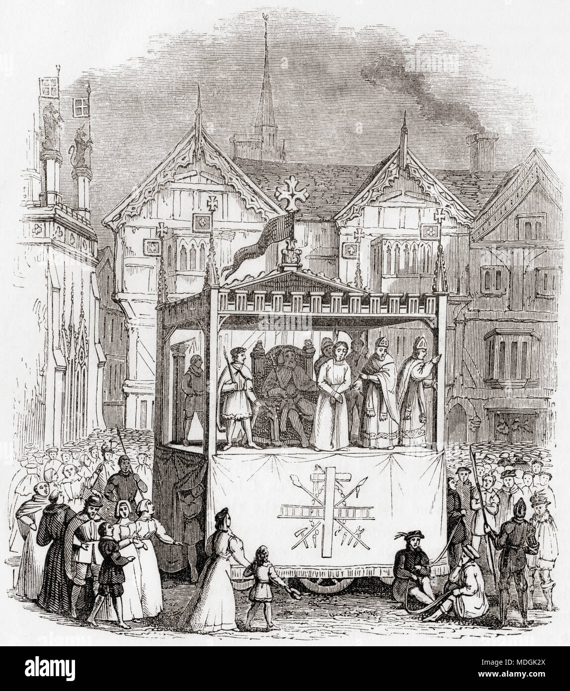 Die Leistung des 15. Jahrhunderts Passion Play - Der Prozess und Kreuzigung Christi - von der Smith Firma von Coventry. Die Schauspieler sind auf einem Pageant Wagen stand. Aus Old England: eine bildliche Museum, veröffentlicht 1847. Stockfoto