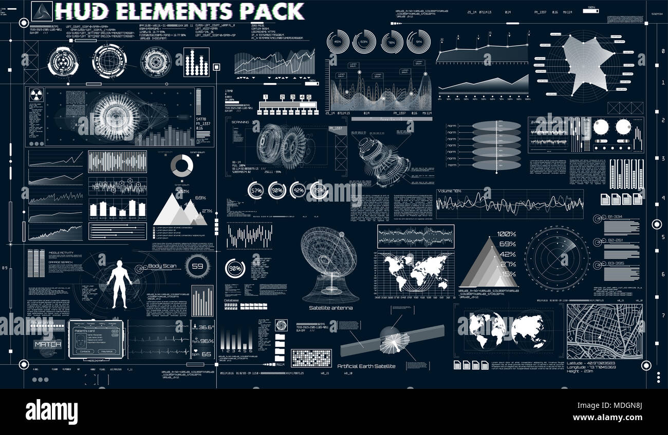 Stellen abstrakte HUD-Elemente für das UI UX Design. Statistik und Daten, Informationen Infografik. Futuristische Sci-Fi Benutzeroberfläche für App (Business, Medizin Stockfoto