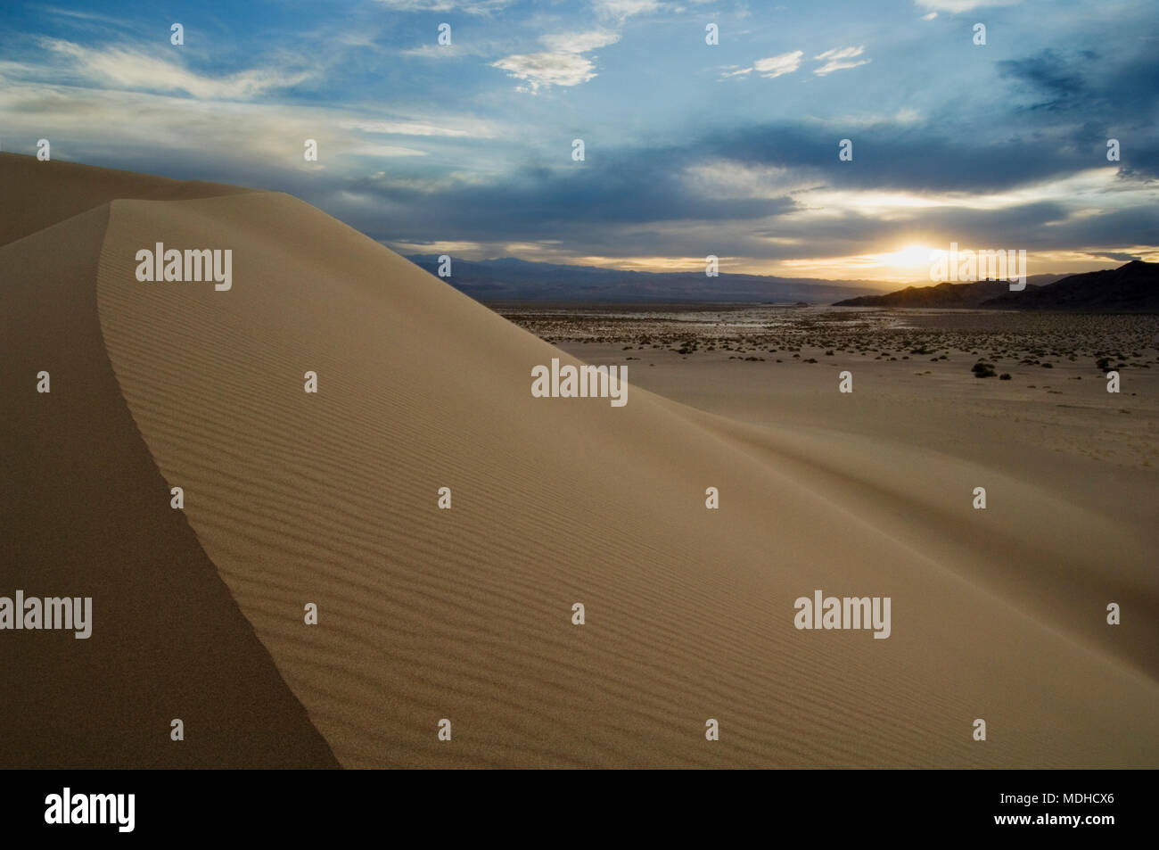 Die geschwungene Bergrücken von Sand zeigt die Licht- und Schattenseiten einer Düne in Ibex Dünen, Kalifornien. Stockfoto