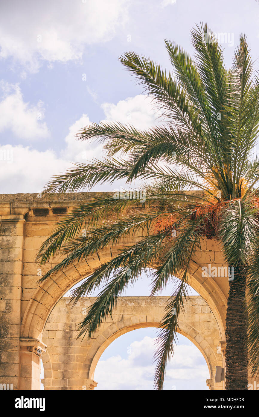 Valletta, Malta, Upper Barrakka Gardens. Steinbögen und eine Palme, bewölkt und blauer Himmel Stockfoto