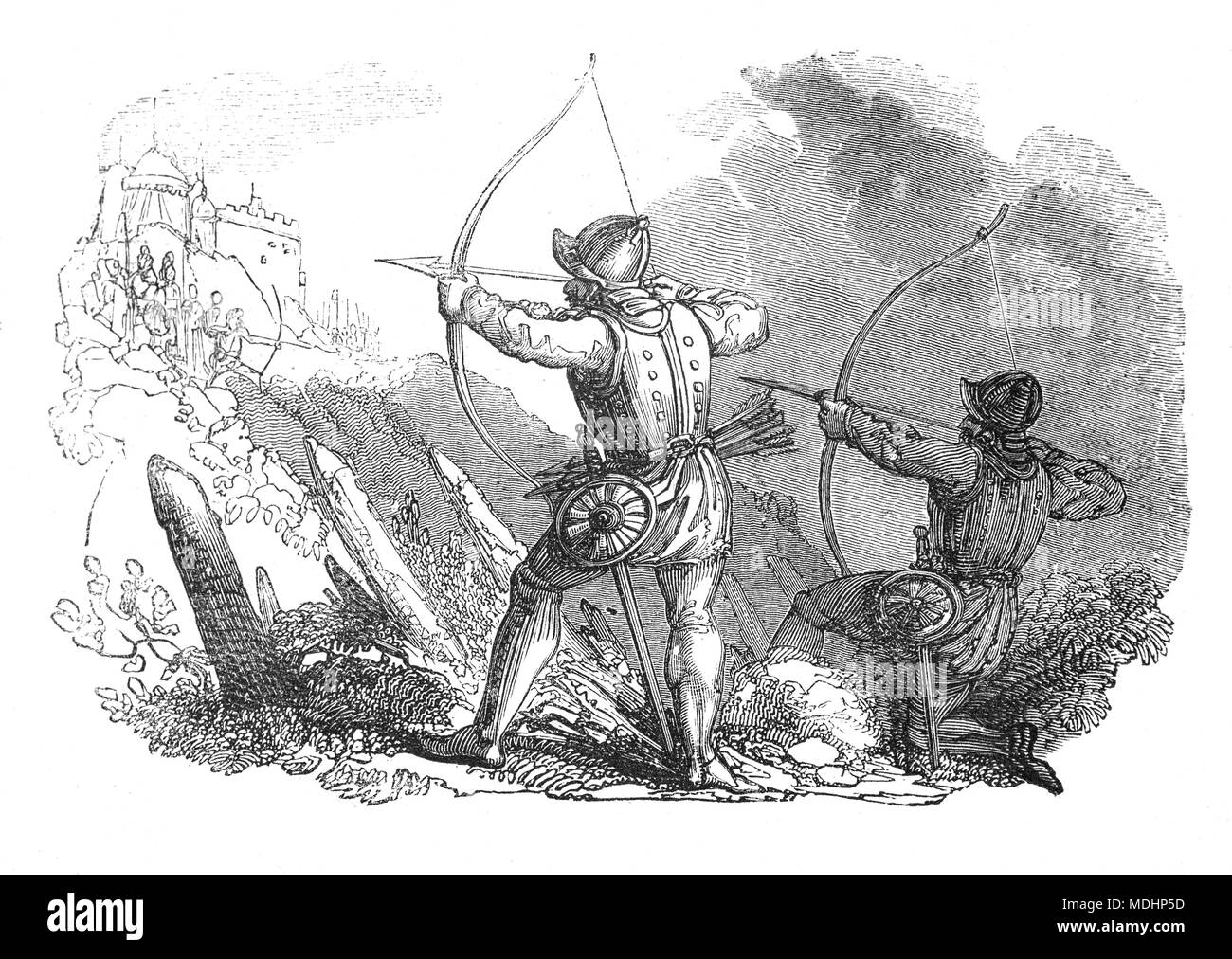 Bogenschützen mit dem englischen Langbogen, eine mächtige mittelalterliche Art der Longbow (ein hoher Bogen für Bogenschießen) ca. 6 ft (1,8 m) langen als Waffe in der mittelalterlichen Kriegsführung verwendet. Englisch Verwendung von Langbögen war wirksam gegen die Franzosen während des Hundertjährigen Krieges, vor allem zu Beginn des Krieges in den Schlachten von sluys (1340), Crécy (1346) und Poitiers (1356), und vielleicht die meisten berühmt an der Schlacht von Agincourt (1415). Stockfoto