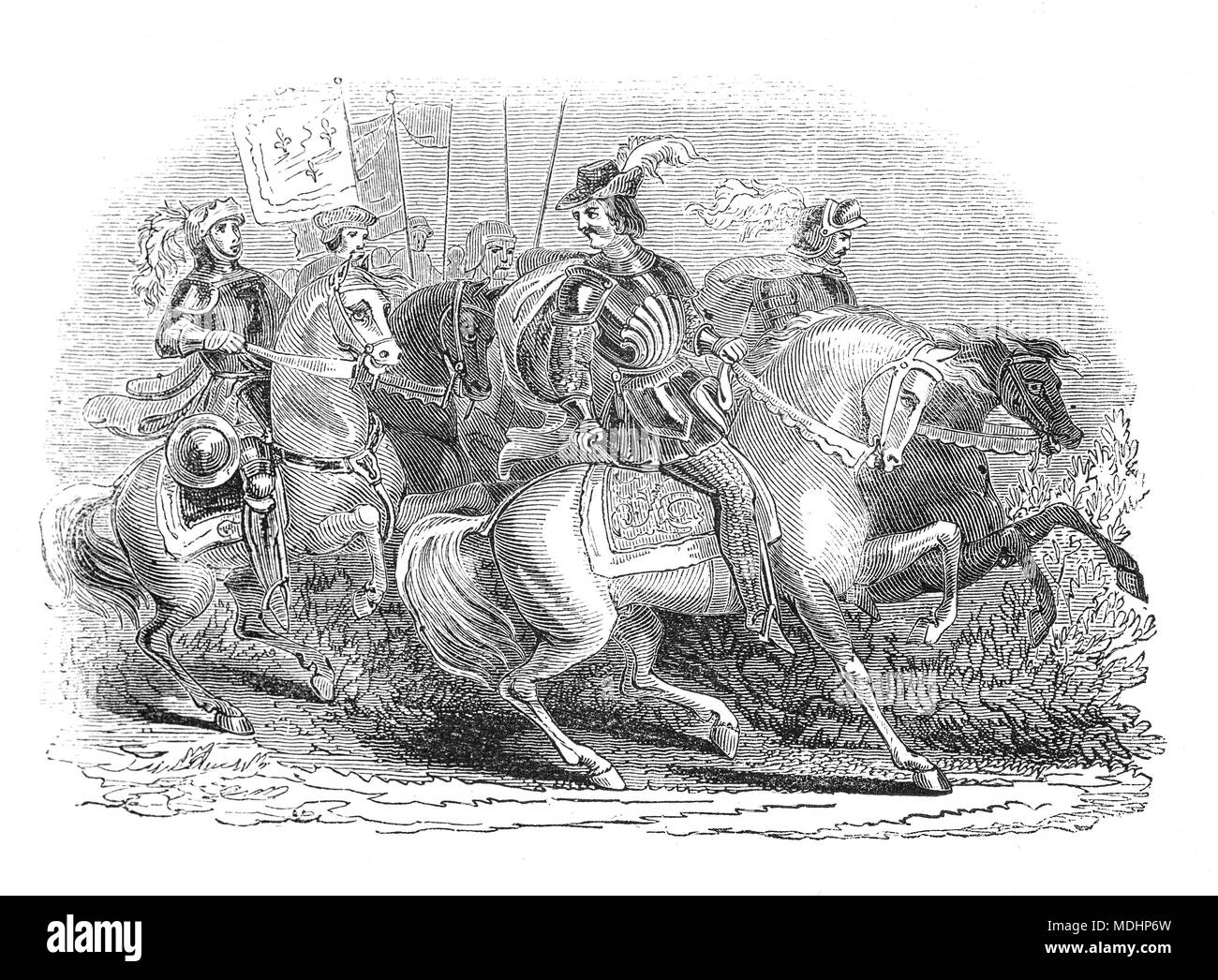 Bertrand du Guesclin (1320-1380), der den Spitznamen "Der Adler von der Bretagne" oder "Der schwarze Hund von Brocéliande', war eine Bretonische Ritter und französische Feldherr während des Hundertjährigen Krieges. Er war Constable von Frankreich ab 1370 bis zu seinem Tod. Für seine Fabian Strategie bekannt, er nahm an sechs warf Schlachten und gewann die vier, in der er den Befehl gehalten. Stockfoto