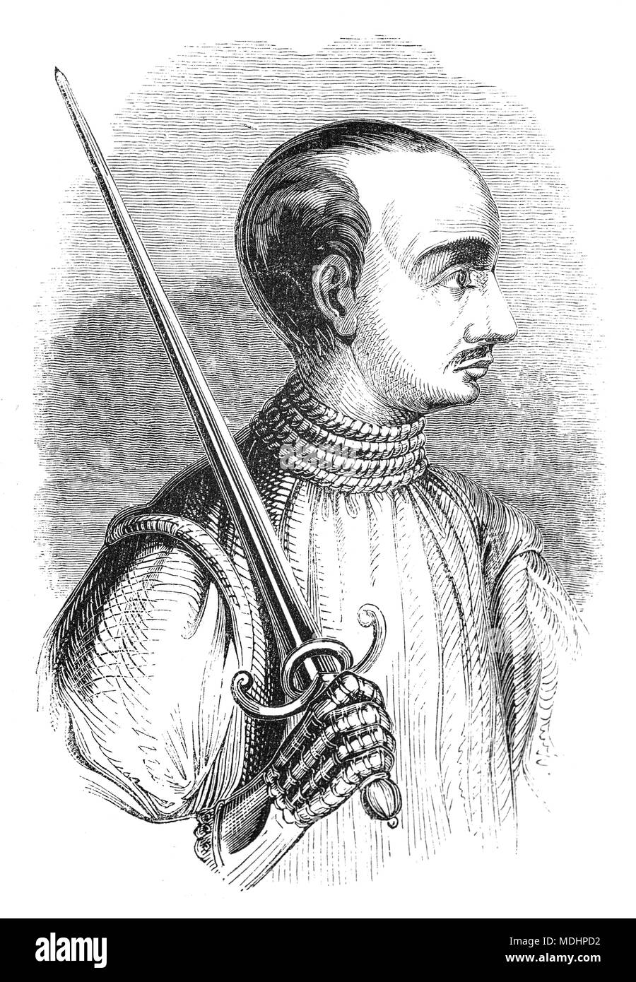 Ein Porträt von Bertrand du Guesclin (1320-1380), der den Spitznamen "Der Adler von der Bretagne" oder "Der schwarze Hund von Brocéliande', war eine Bretonische Ritter und französische Feldherr während des Hundertjährigen Krieges. Er war Constable von Frankreich ab 1370 bis zu seinem Tod. Für seine Fabian Strategie bekannt, er nahm an sechs warf Schlachten und gewann die vier, in der er den Befehl gehalten. Stockfoto