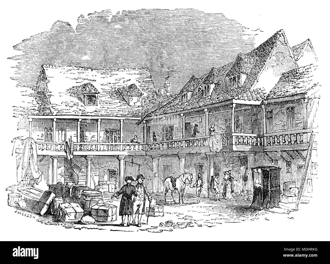 Der Innenhof des Tabard, einem historischen Gasthaus, auf der Ostseite der Borough High Street, Southwark stand. Die Herberge wurde im Jahr 1307 gegründet und an der alten Hauptstraße, die südlich von London stand. Es war der Ort, an dem die Pilger auf ihrem Weg nach Canterbury met in der 1380 s in Geoffrey Chaucer's Canterbury Tales. Stockfoto
