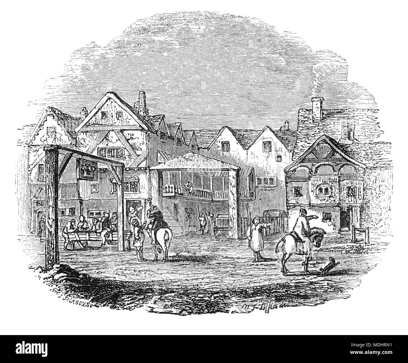 Street View der Waffenrock, einem historischen Gasthaus, auf der Ostseite der Borough High Street, Southwark stand. Die Herberge wurde im Jahr 1307 gegründet und an der alten Hauptstraße, die südlich von London stand. Es war der Ort, an dem die Pilger auf ihrem Weg nach Canterbury met in der 1380 s in Geoffrey Chaucer's Canterbury Tales. Stockfoto