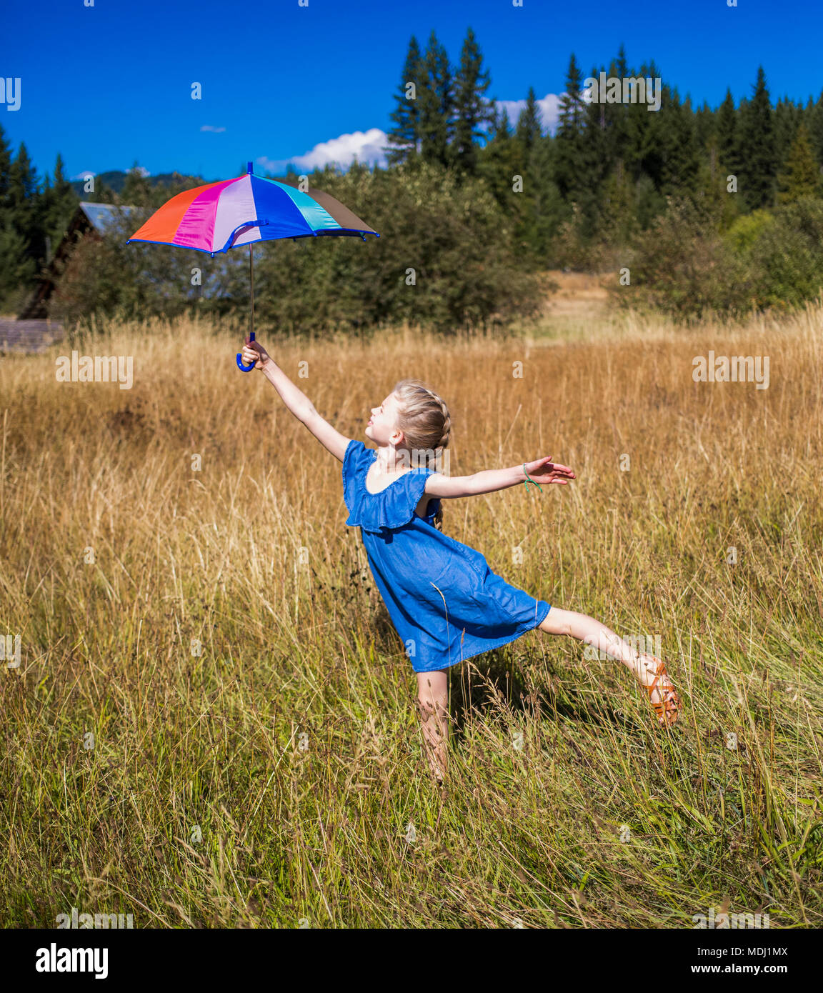 Ein junges Mädchen steht in einer Rasenfläche Holding einen Schirm hoch und Balancieren auf einem Fuß; Salmon Arm, British Columbia, Kanada Stockfoto