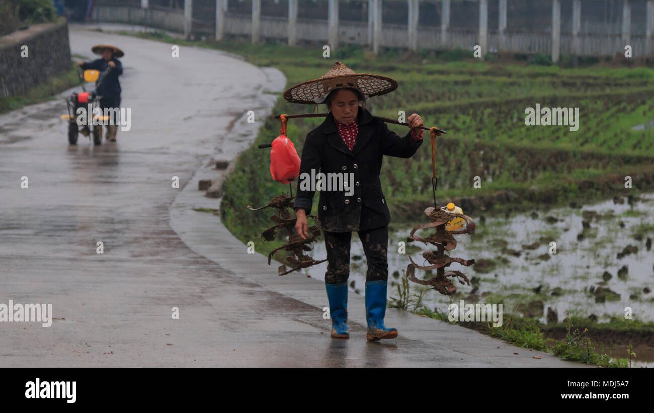 Langde, China - 27. März 2018: Miao Landwirte wieder nach Hause gehen in Langde Miao Dorf, Provinz Guizhou, China Stockfoto