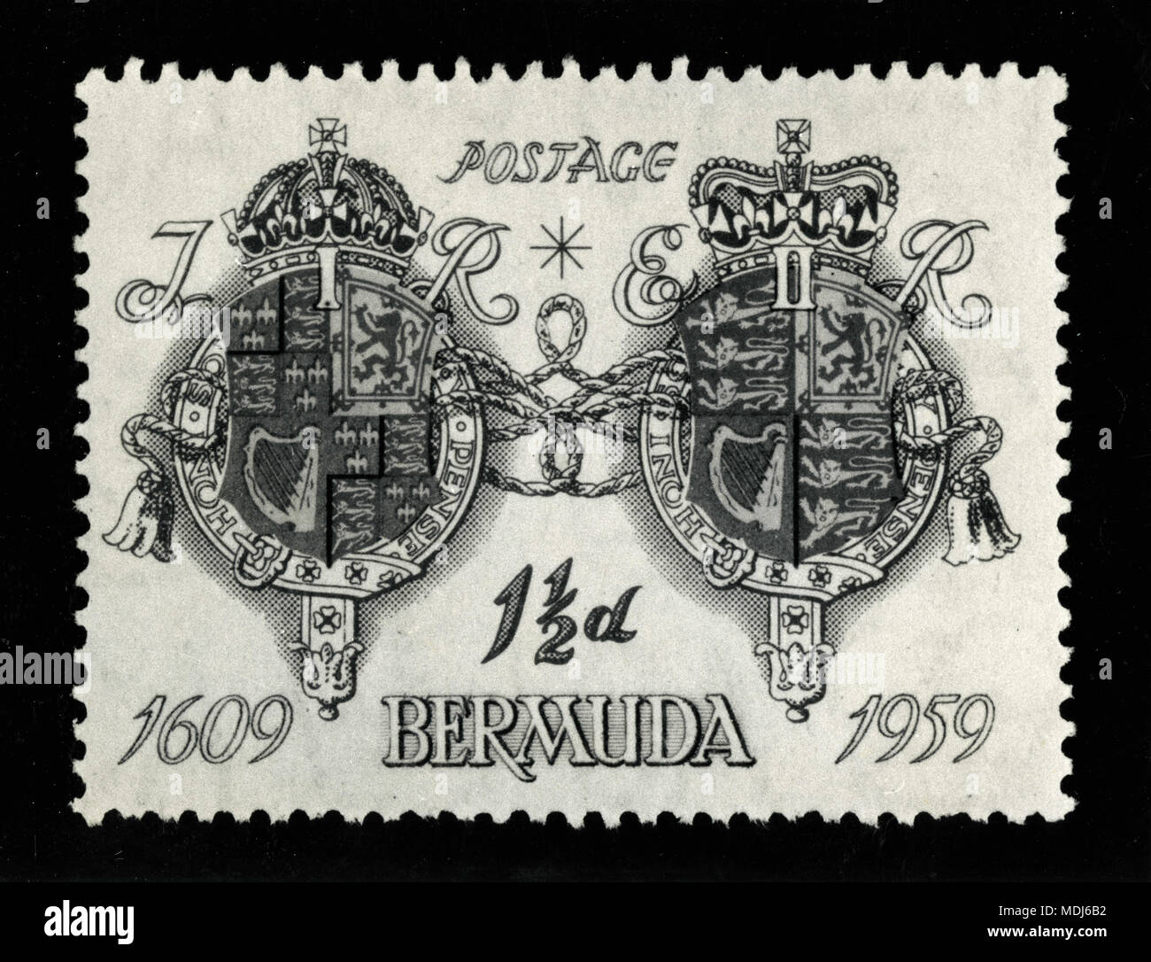 Blue1 und 1/2d-Briefmarke 350 Jahre Jubiläum von Bermuda, 1959 Stockfoto