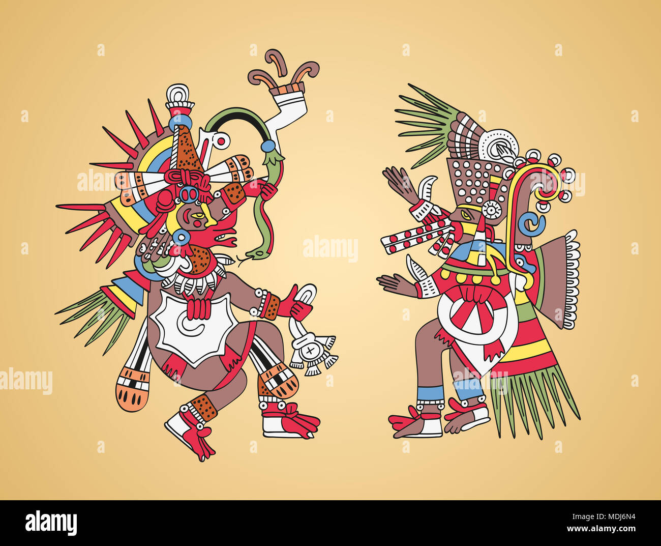 Quetzalcoatl, die gefiederte Schlange, Gott des Windes und der Weisheit, nach links. Tezcatlipoca, Spiegel, Gott der Magie und Finsternis, rechts. Zwillingsbrüder. Stockfoto