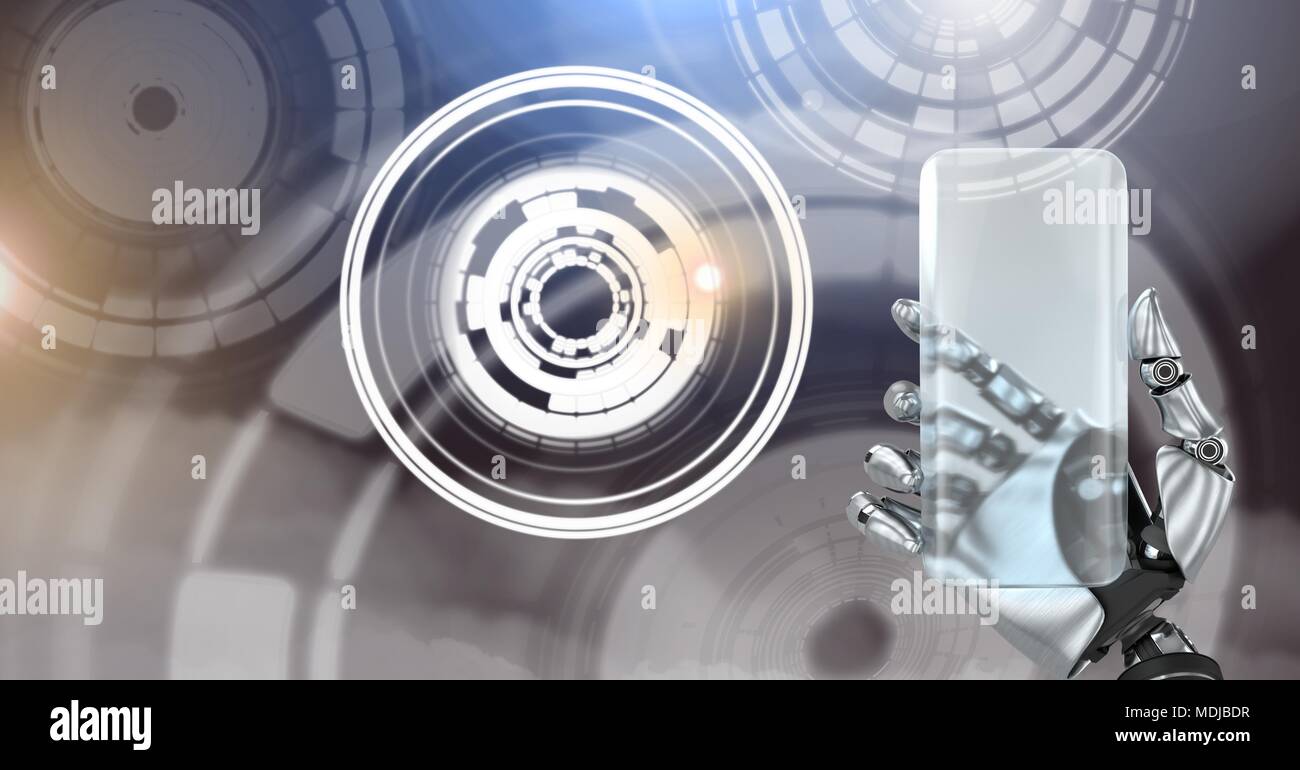 Roboter Hand, Telefon und glühenden Kreis Technologie Schnittstelle Stockfoto