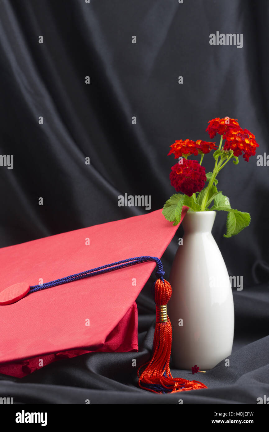Red Skalenhaube und lantana Blüten gegen Schwarz Satin Hintergrund sind eine elegante Reflexion der Erreichung von Bildungszielen Stockfoto