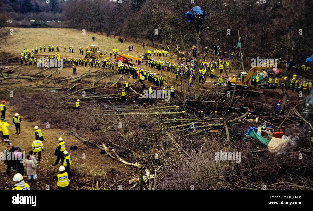 Zerstörung des Protestcamps, Newbury Umgehungsstraße Gebäude und Proteste, Newbury, Berkshire, England, UK, GB. Stockfoto