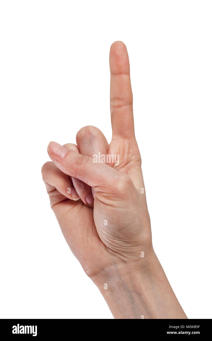 Hand mit einem Finger auf weißem Hintergrund. Stockfoto