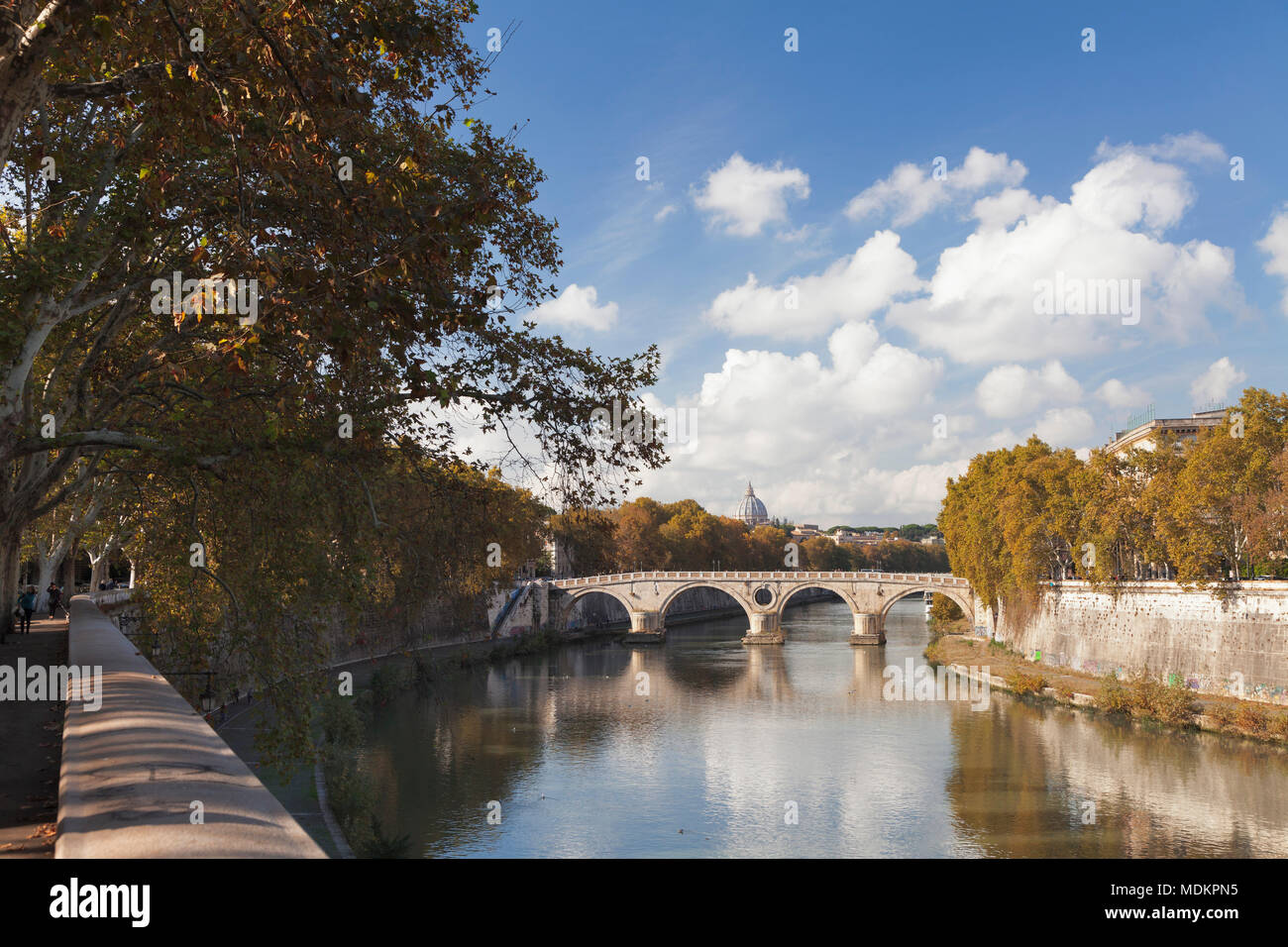 Blick über den Tiber zur Ponte Garibaldi Brücke und St. Peter Basilika, Rom, Latium, Italien Stockfoto