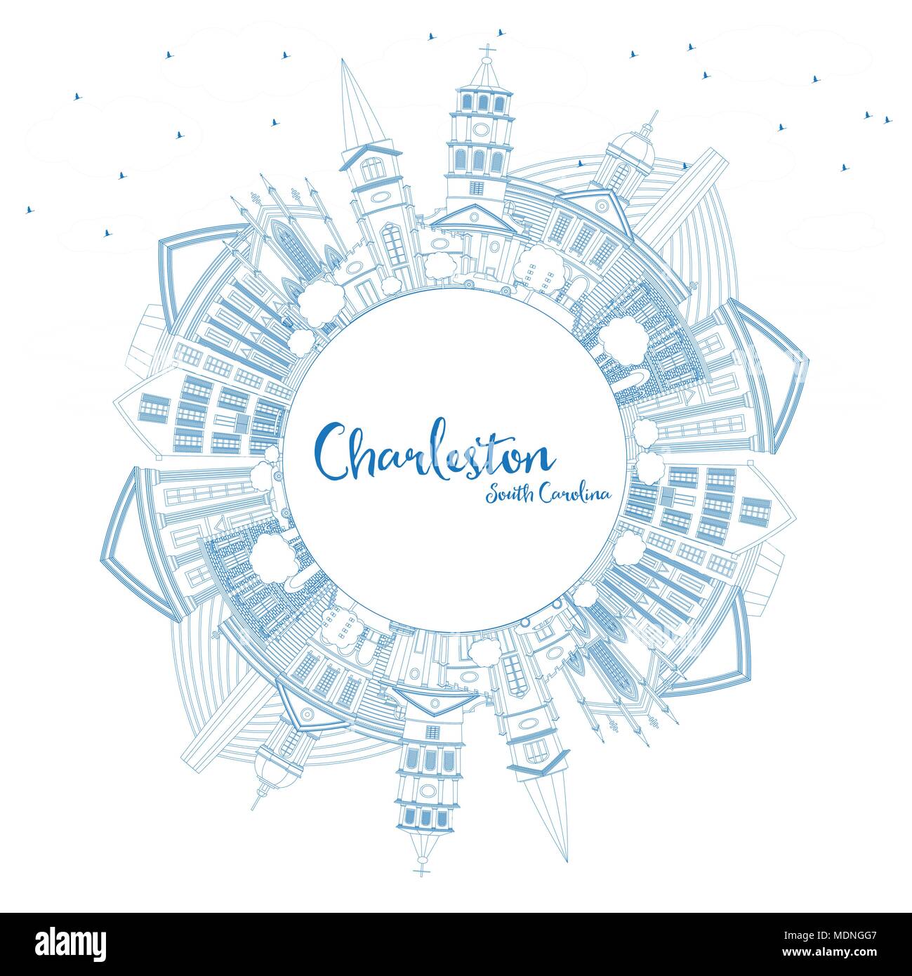Umrisse Charleston South Carolina Skyline der Stadt mit blauen Gebäude und Kopieren. Vector Illustration. Business Travel und Tourismus Abbildung Stock Vektor