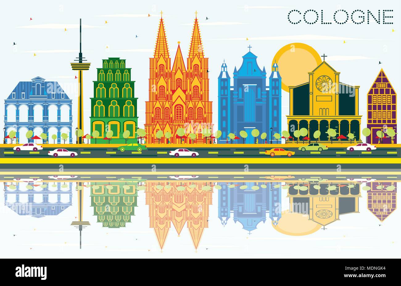 Köln Deutschland Skyline der Stadt mit Gebäuden, blauer Himmel und Reflexionen. Vector Illustration. Business Travel und Tourismus Konzept Stock Vektor