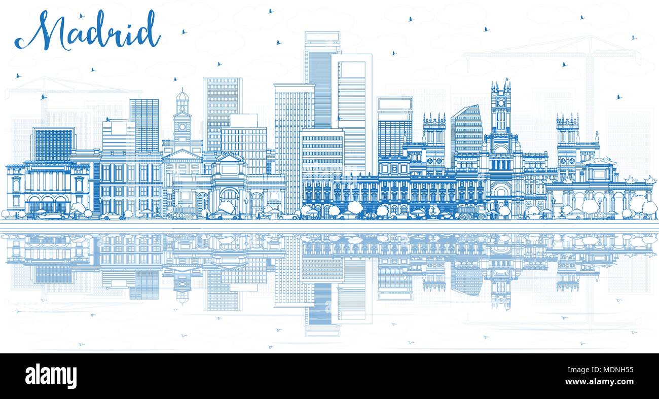 Übersicht Spanien Madrid Skyline der Stadt mit blauen Gebäude und Reflexionen. Vector Illustration. Stock Vektor