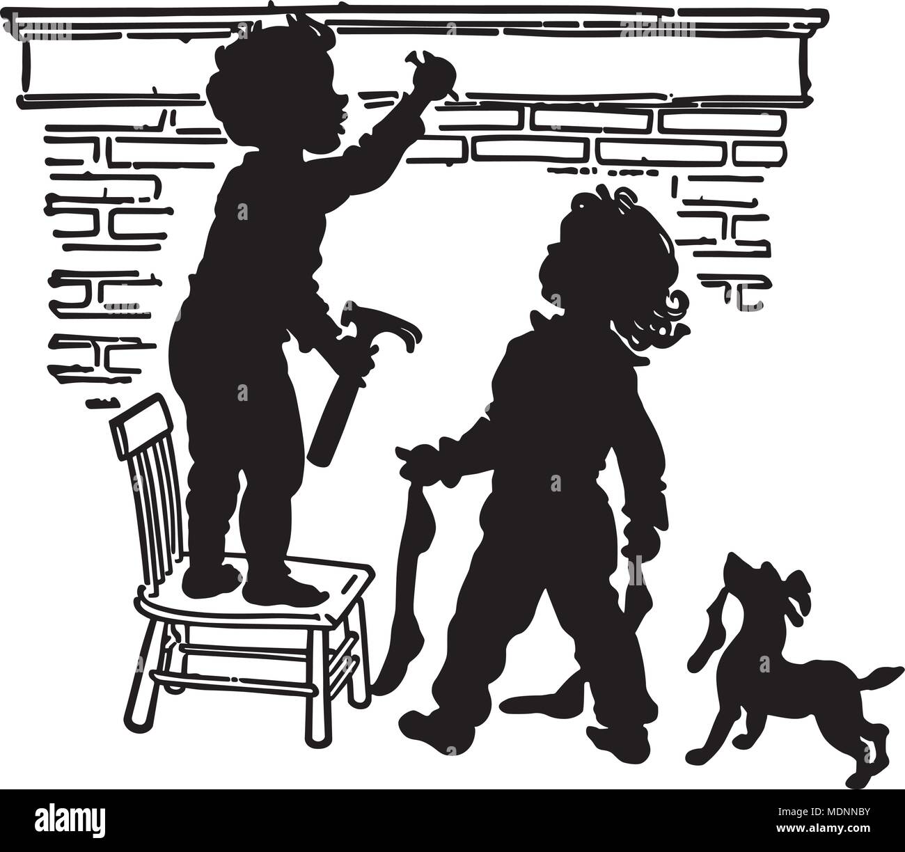 Kinder hängen Strümpfe - Retro Clipart Illustration Stock Vektor