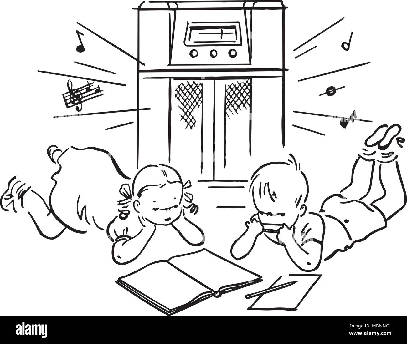 Kinder Radio Horen Retro Clipart Illustration Stock Vektorgrafik Alamy