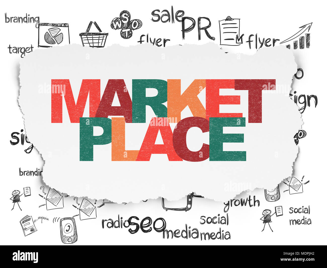 Werbung Konzept: Bemalte multicolor text Marketplace auf zerrissenes Papier Hintergrund mit Hand gezeichnet Marketing Symbole Stockfoto