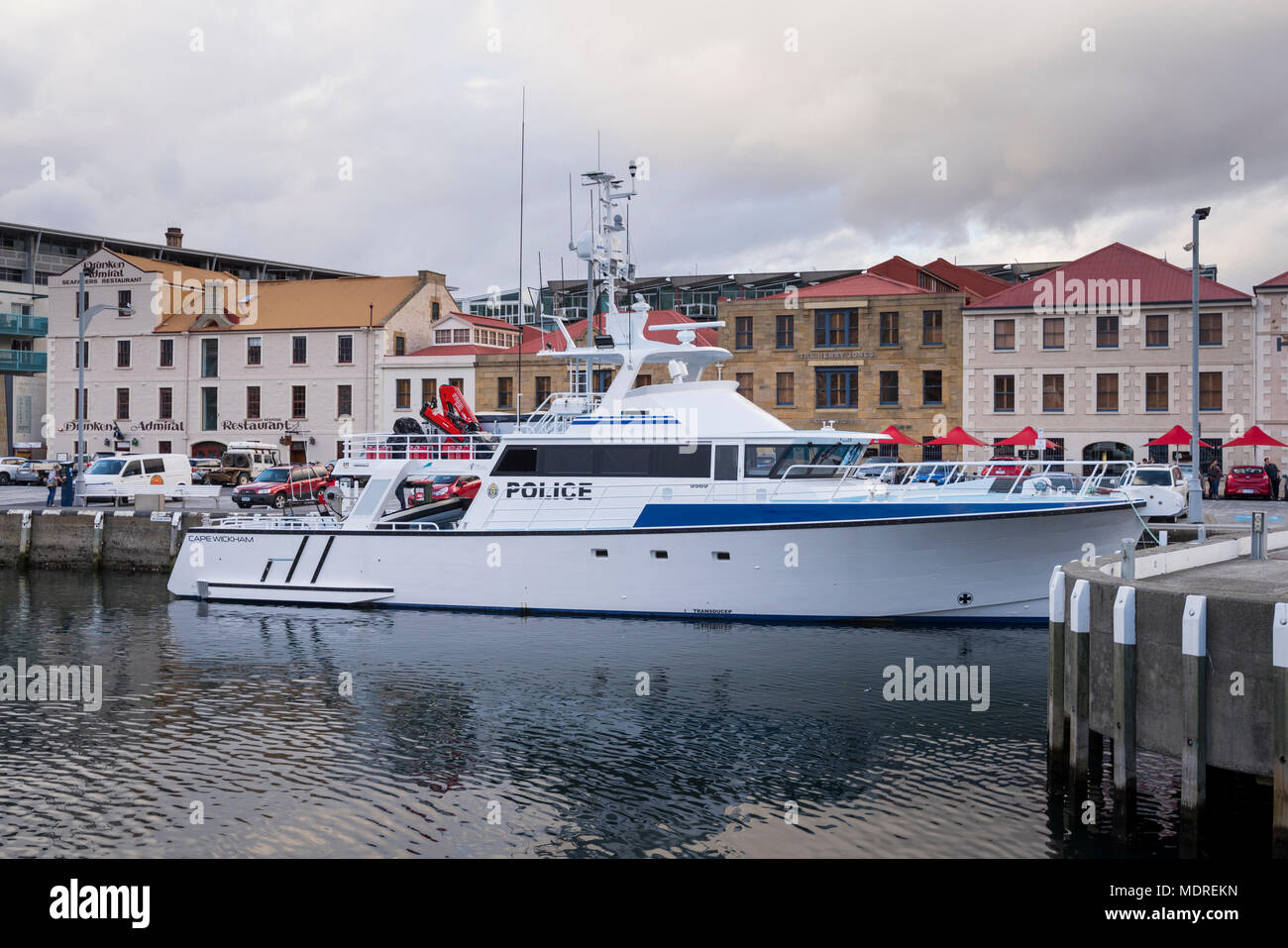 Tasmaniens Polizei neues Boot PV-Cape Wickham, angedockt an der Macquarie Wharf, Hobart Stockfoto