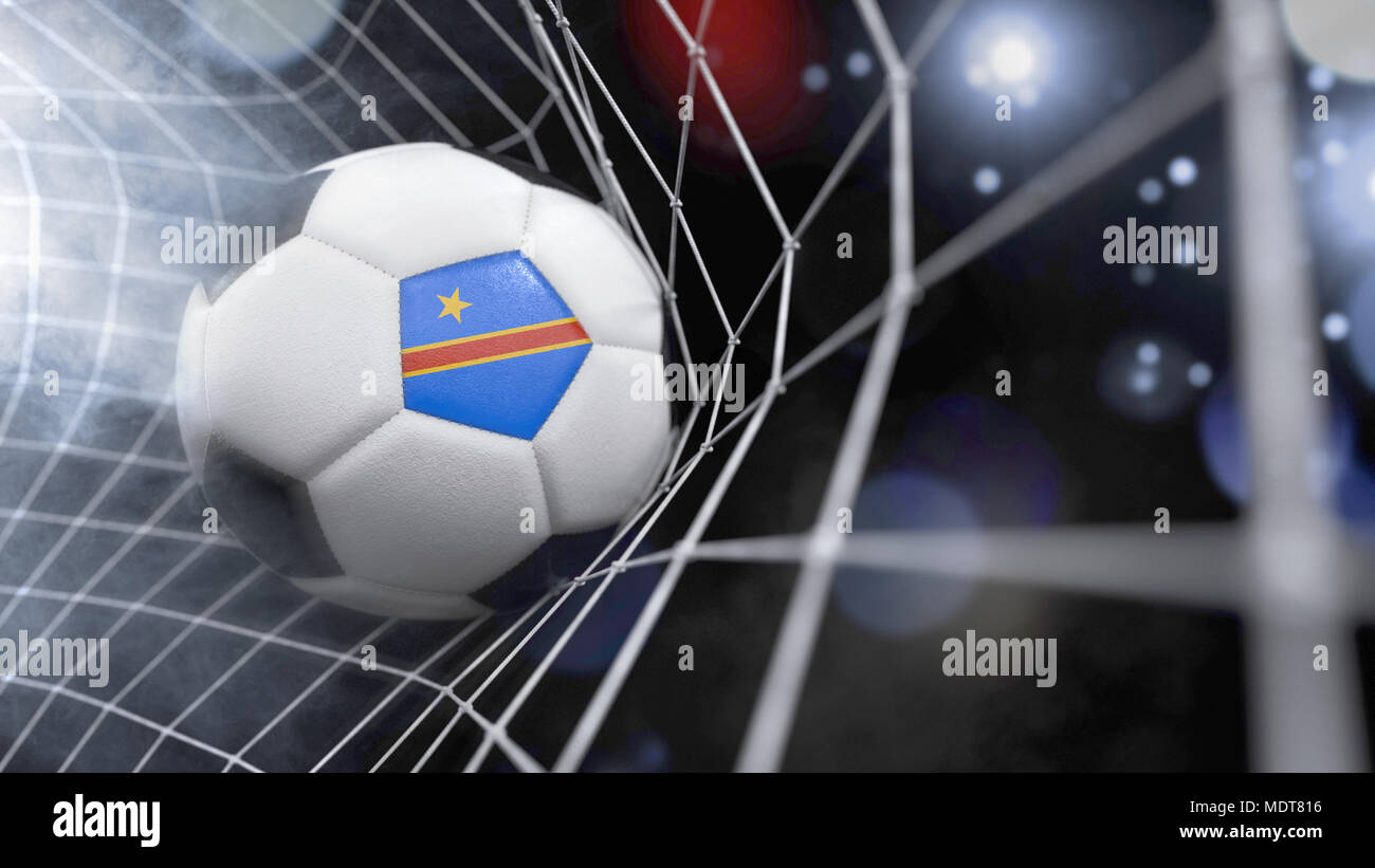 Sehr realistische Wiedergabe von einem Fußball mit der Flagge der Demokratischen Republik Kongo im Netz. (Serie) Stockfoto