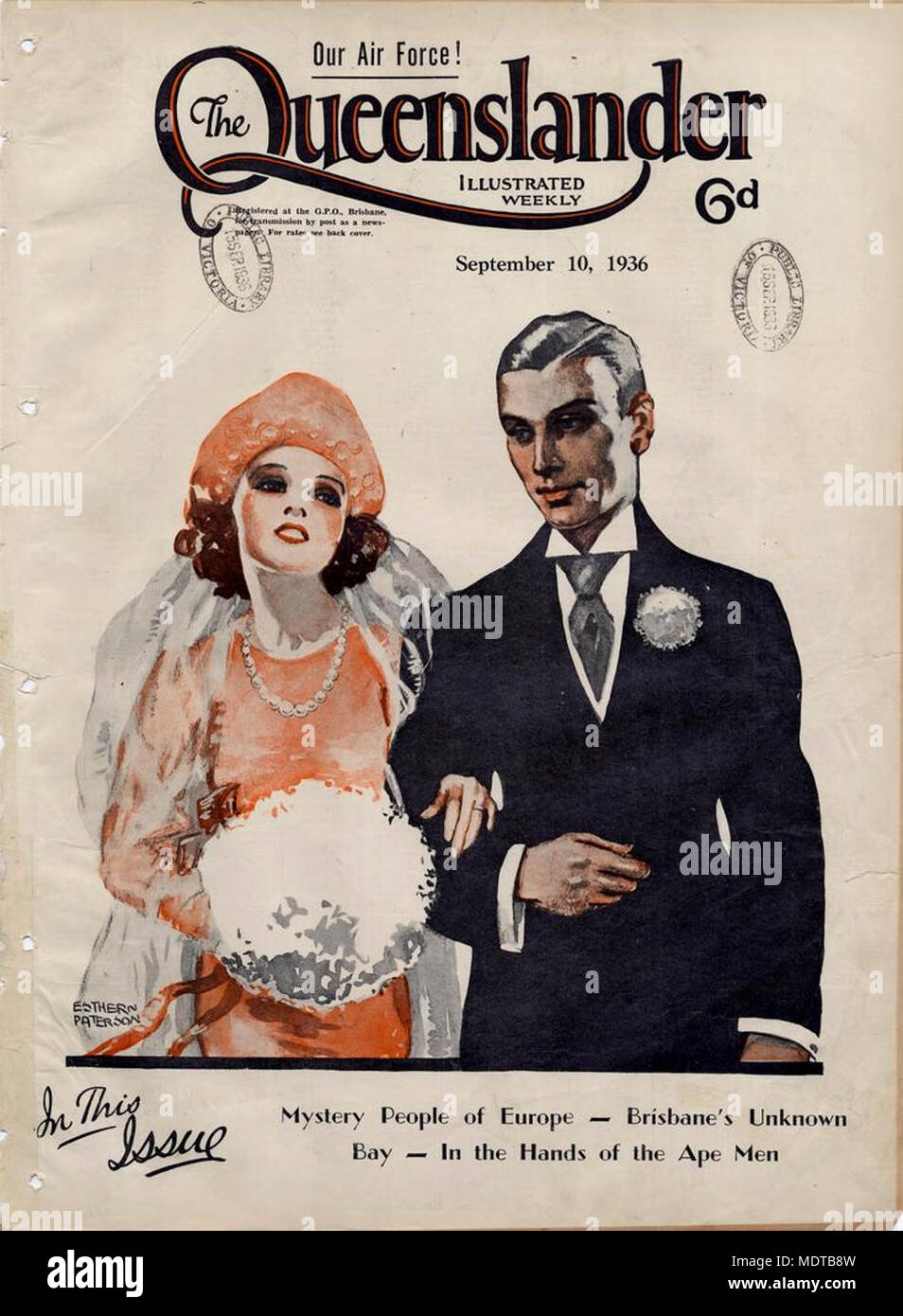 Illustriert die vordere Abdeckung von der Queenslander, September 10, 1936. Ort: Queensland, Australien Beschreibung: farbige Zeichnung von Esther Paterson, einem jungen Paar, entweder heiraten oder nur verheiratet. Stockfoto