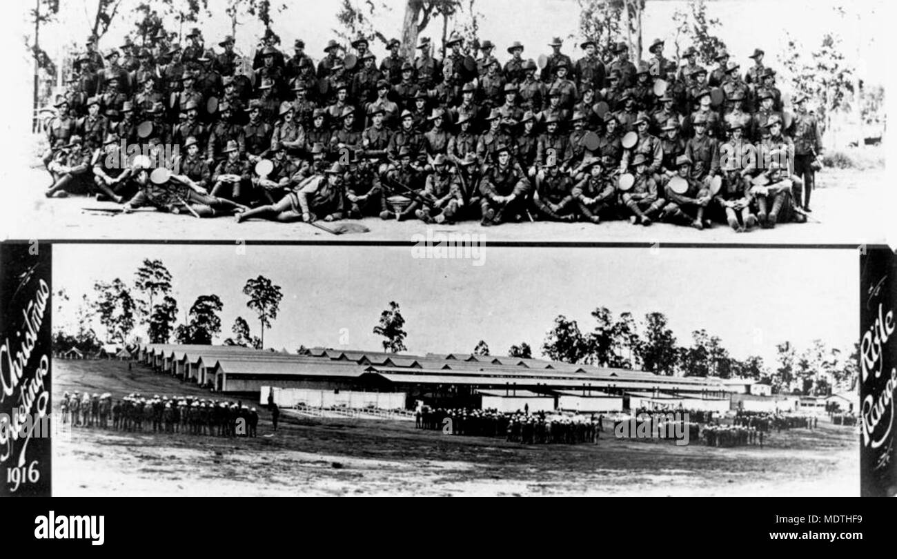 Weihnachten Karte australische Truppen, Kasernen und ein Gewehr. Stockfoto