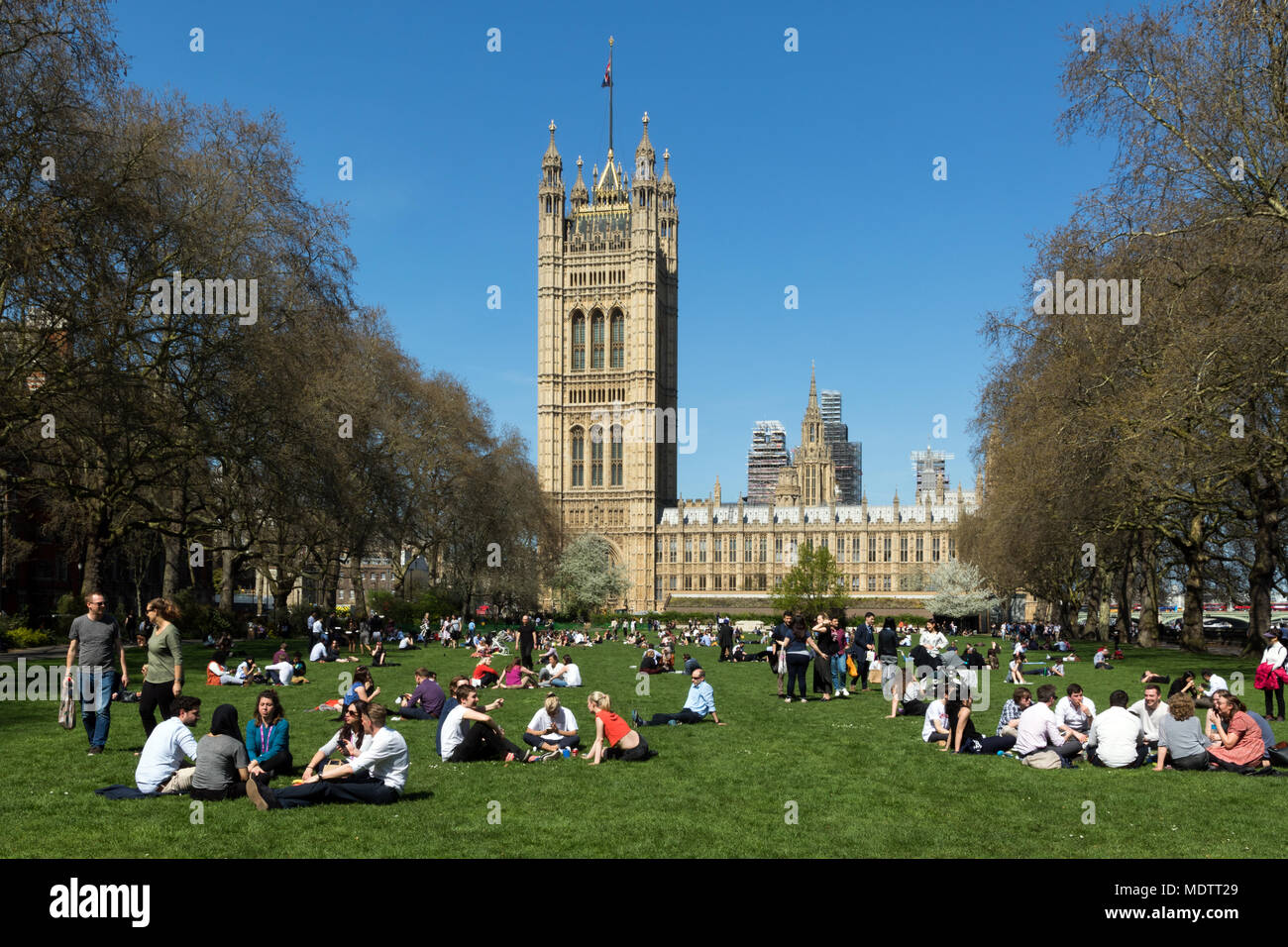 Die Victoria Tower Gardens mit dem Palast von Westminster im Hintergrund Stockfoto