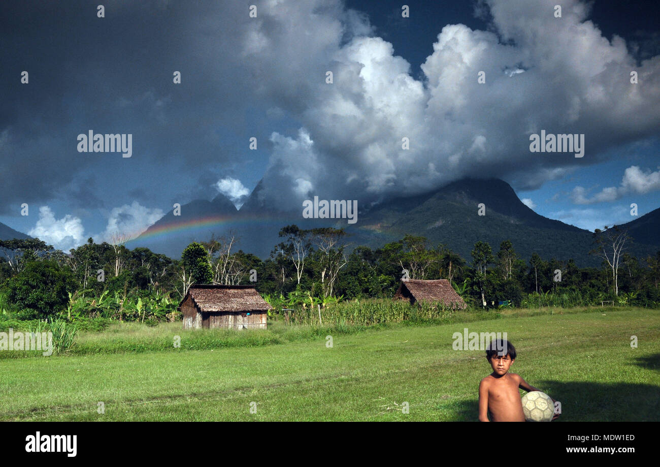Yanomami Hütten des Dorfes Marari und Junge mit Ball - Sierra Aramamisi Zufällige Stockfoto