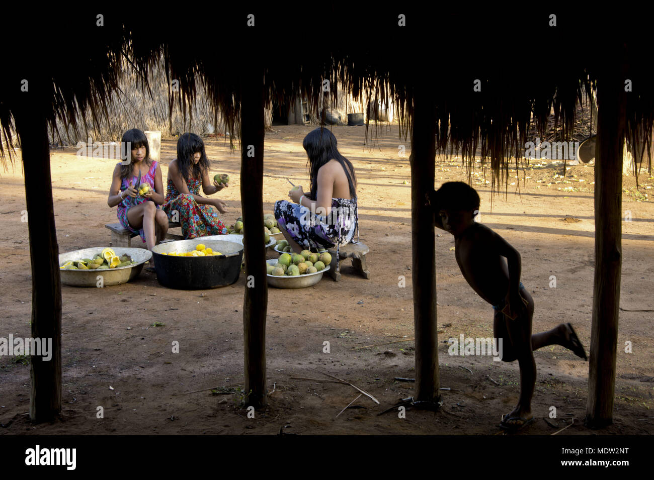 Schwestern Mädchen des Dorfes Aiha Kalapalo Eröffnung Pequi Stockfoto