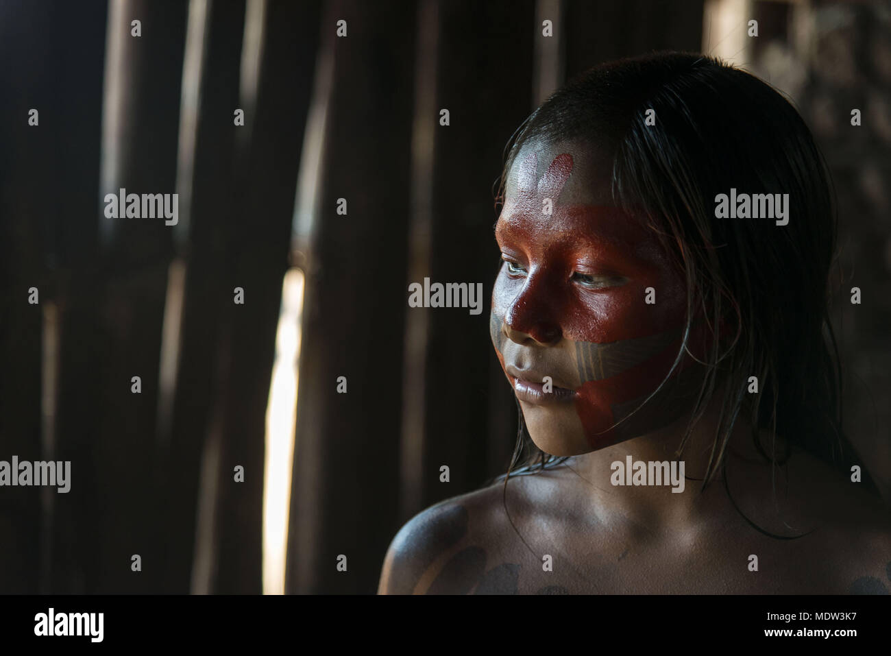 Kind Moikarako Kayapo Dorf mit bemaltem Gesicht - Kayapó indigene Land Stockfoto