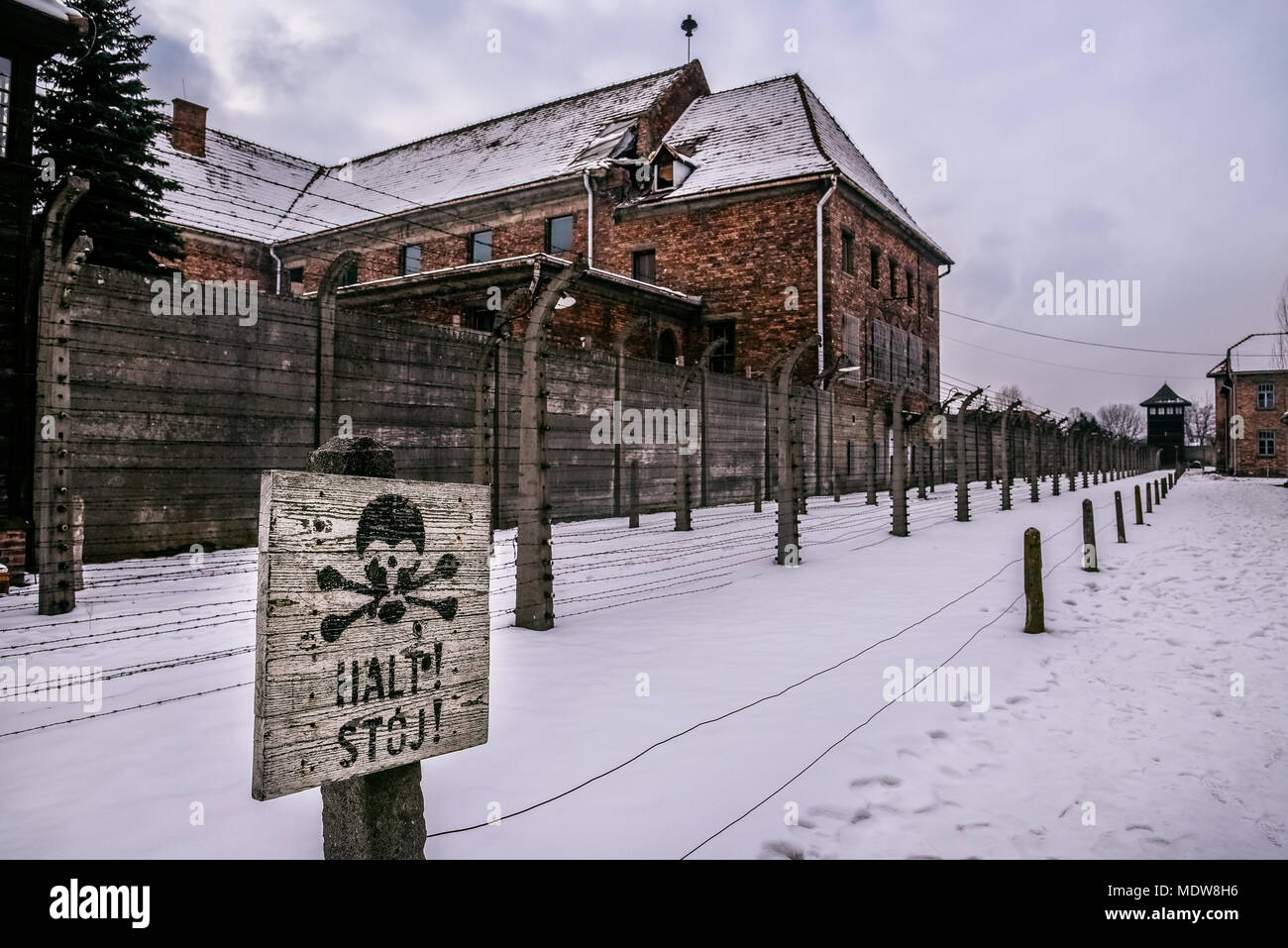 Oswiecim/Polen - 02.15.2018: Brick Kaserne, Block Häuser des Konzentrationslagers Auschwitz Museum. Stockfoto