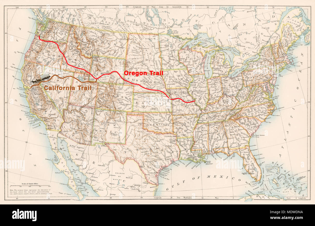 Oregon Trail und California Trail Routen auf einer 1870er Karte der USA. Digitale Illustration Stockfoto