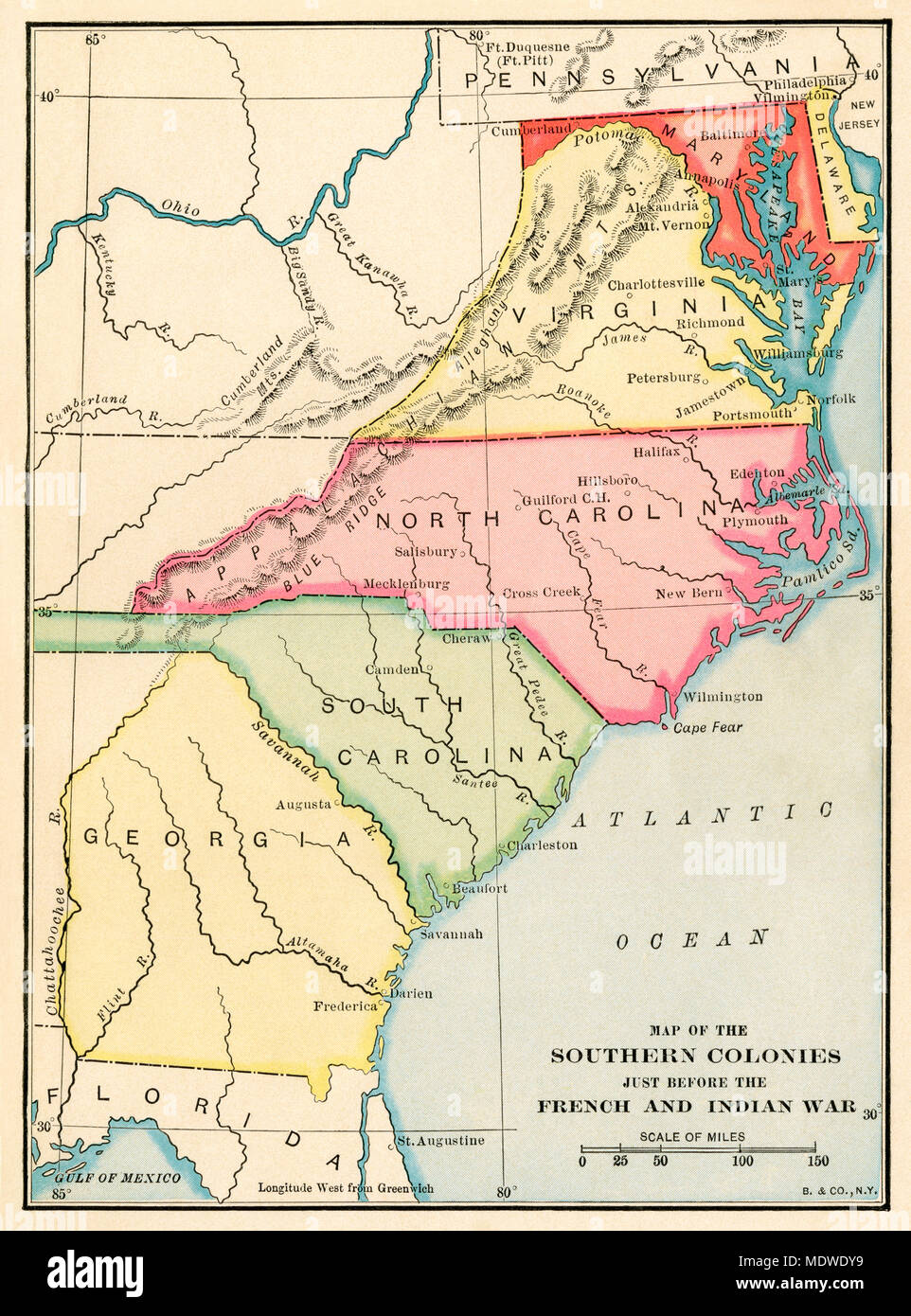 Südlichen Kolonien vor dem Franzosen- und Indianerkrieg. Gedruckte farbige Lithographie Stockfoto