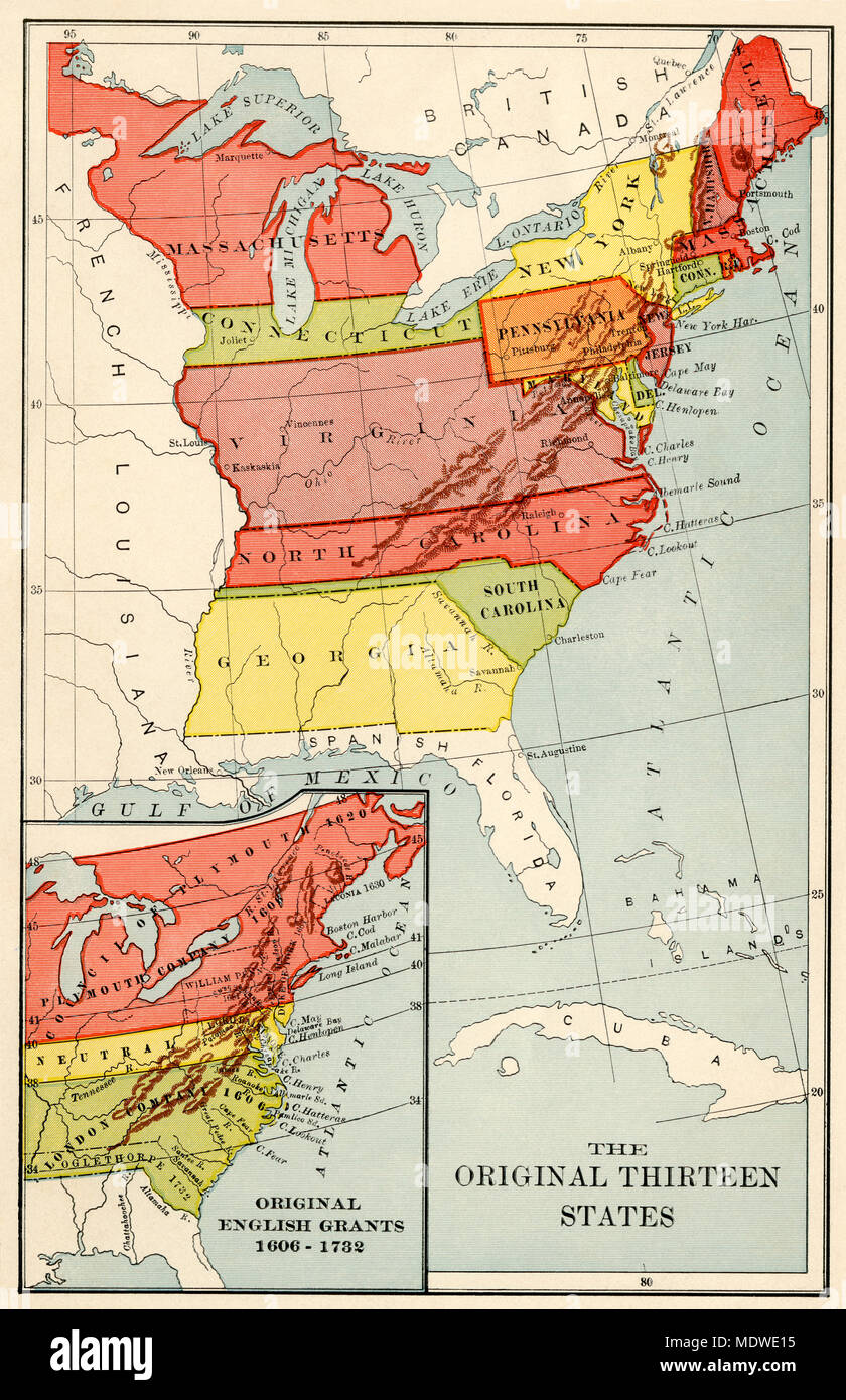 Original 13 Staaten und (Einfügung) original Enlish Land gewährt. Gedruckte farbige Lithographie Stockfoto