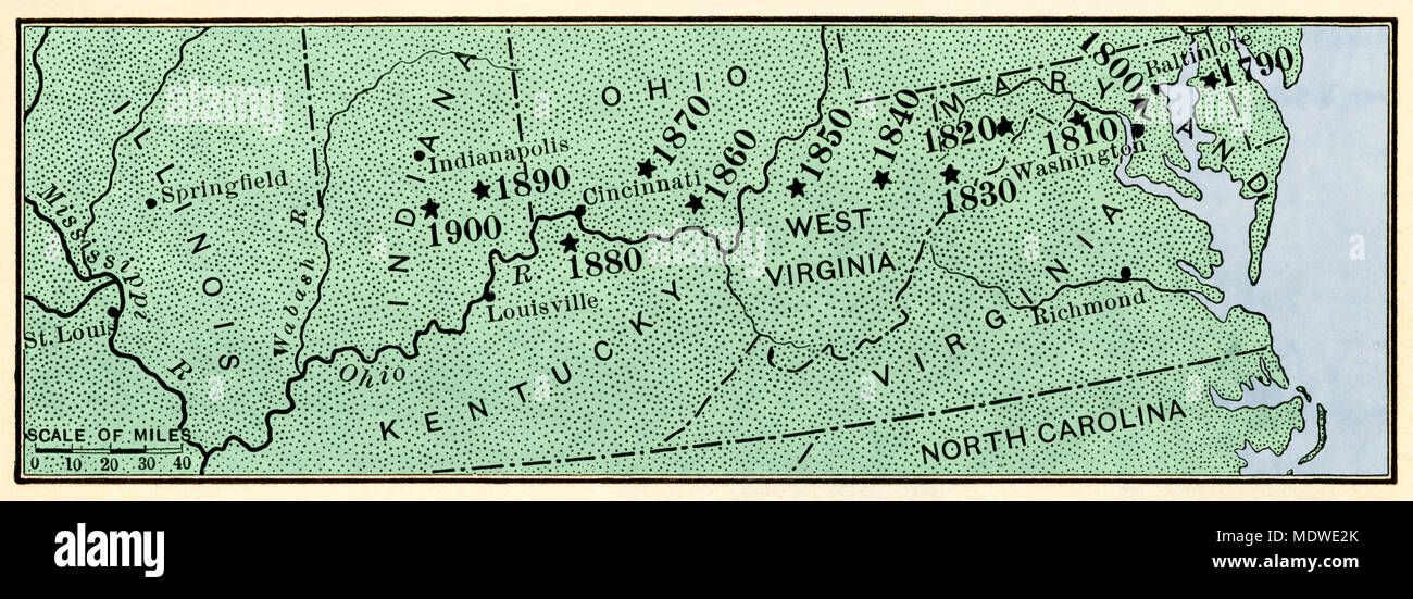 Karte, aus der Mitte der US-Bevölkerung nach Westen entlang der Nationalstraße, 1790-1900. Digital farbige Holzschnitt Stockfoto