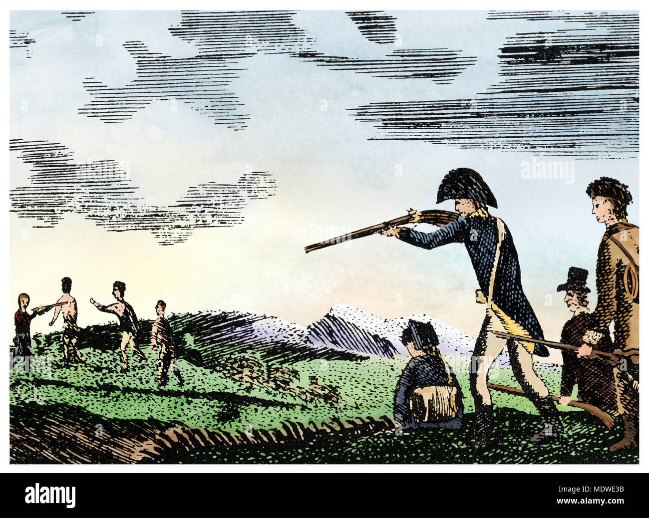 Meriwether Lewis schießt eine Native American für Ungehorsam, Korps der Entdeckung Expedition. Digital farbige Patrick Goss Holzschnitt Stockfoto