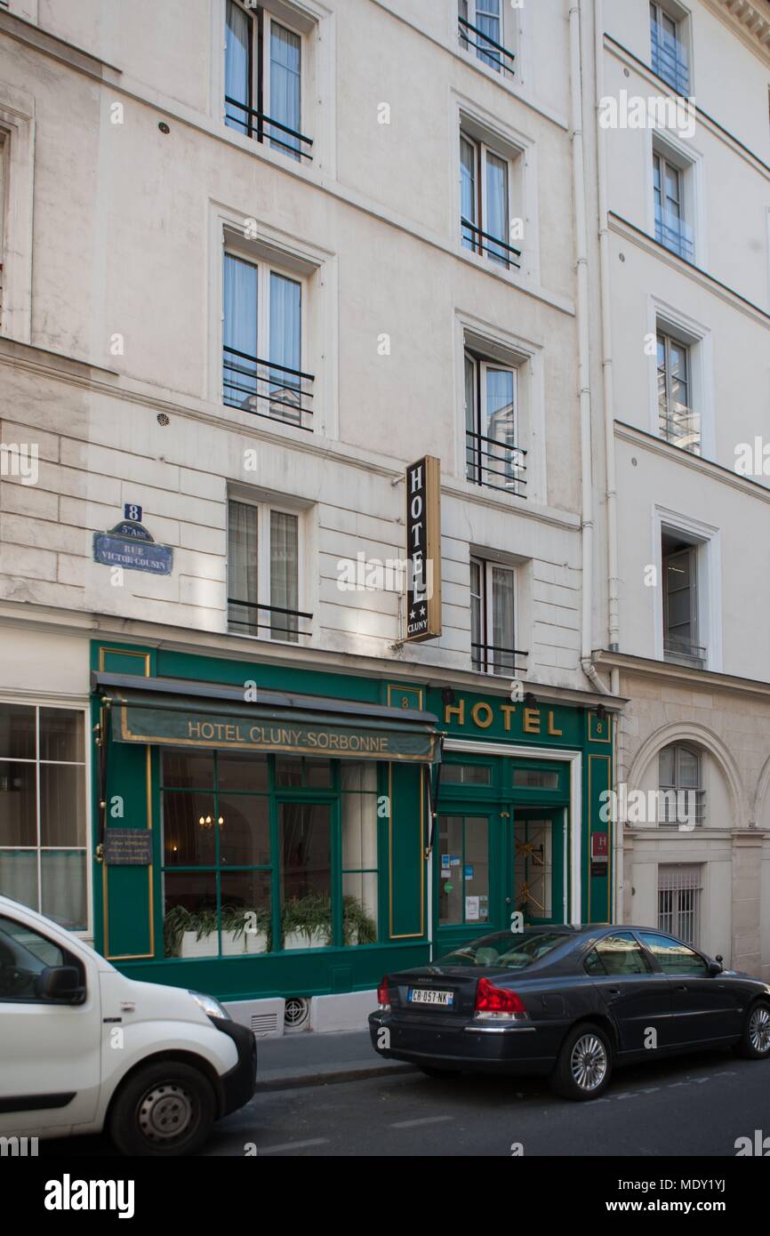 Frankreich, Ile de France, Paris, Rue Victor Cousin, hotel Cluny Sorbonne, Ort, wo waren französische Dichter Arthur Rimbaud Stockfoto