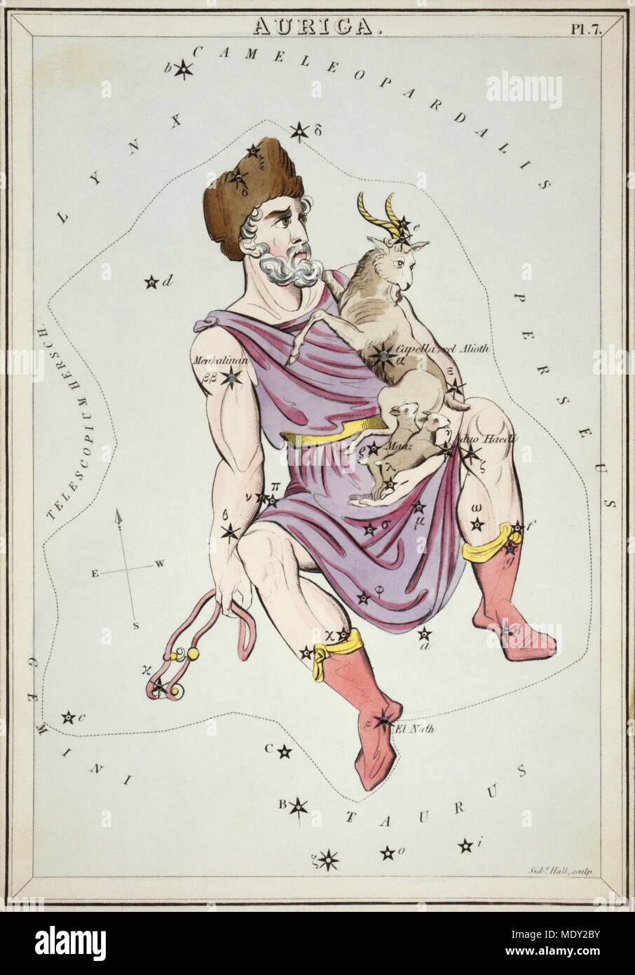 Auriga. Karte Nr. 7 von Urania's Mirror, oder einen Blick auf den Himmel, eines der 32 astronomischen Star Chart Karten von Sidney Hall graviert und publshed 1824. Stockfoto